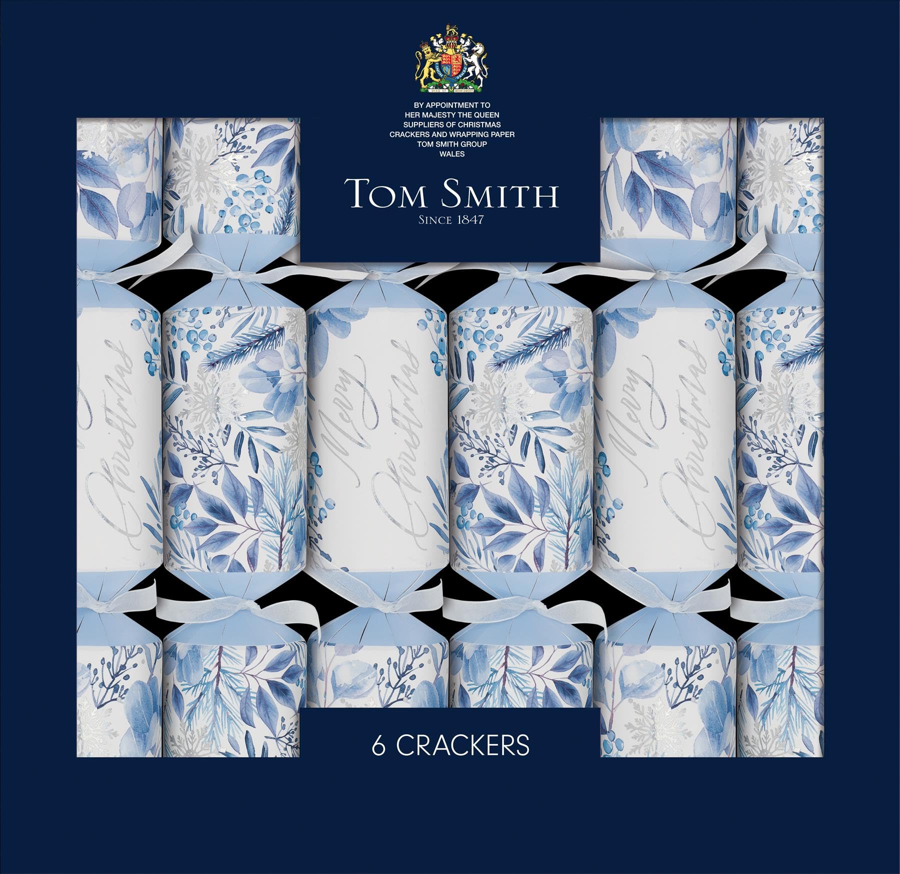 Tom Smith Christmas Crackers Pack 6 - Luxury Blue Winter Woodland Design - Traditional Xmas Crackers Gifts Hats Mottos & Snaps - Plastic Free Recyclable Eco Friendly