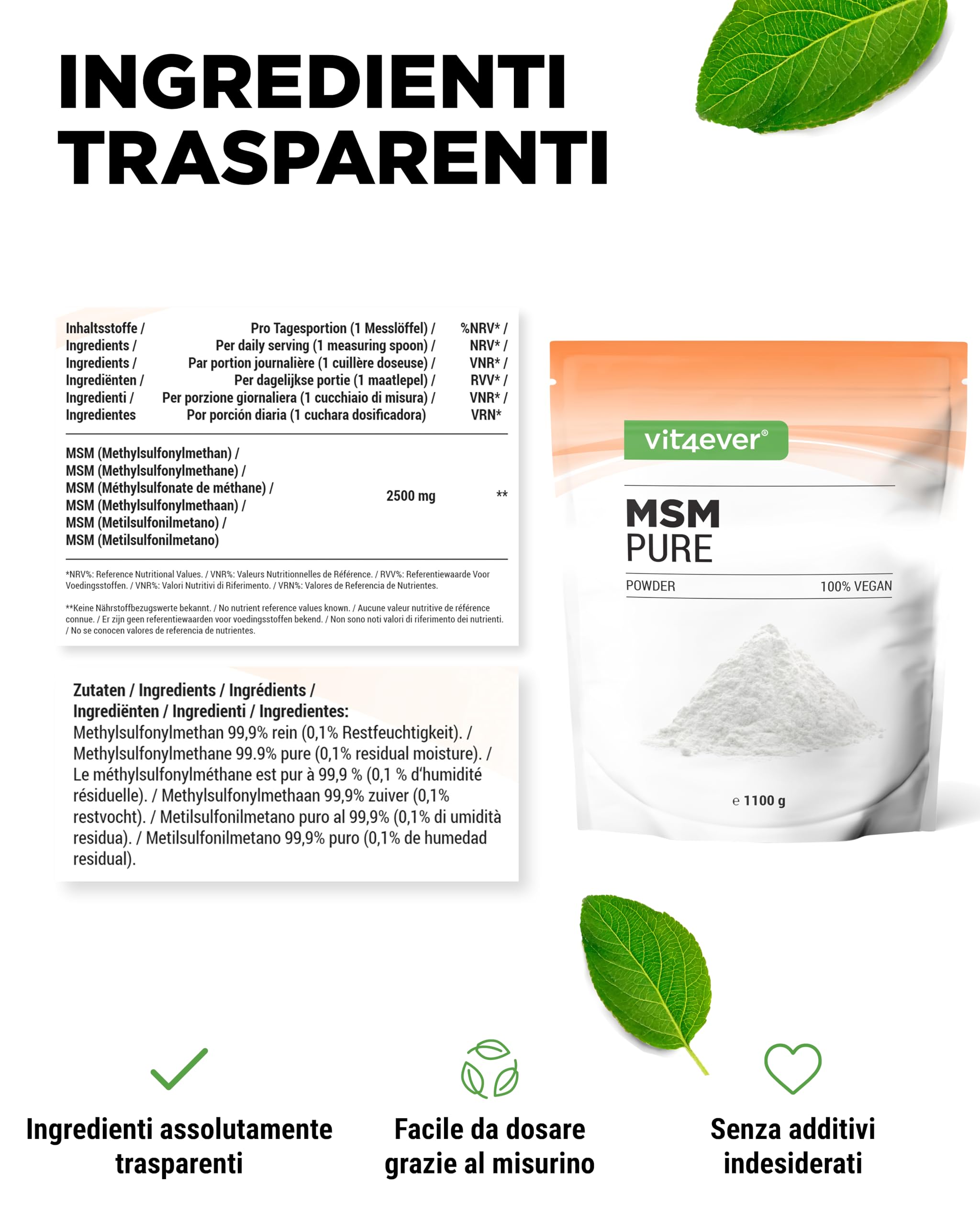 MSM in polvere - 1,1 kg (1100g) - Metilsulfonilmetano cristallino puro al 99,9% - Fattore di maglia 40-80 - Zolfo organico - Vegan