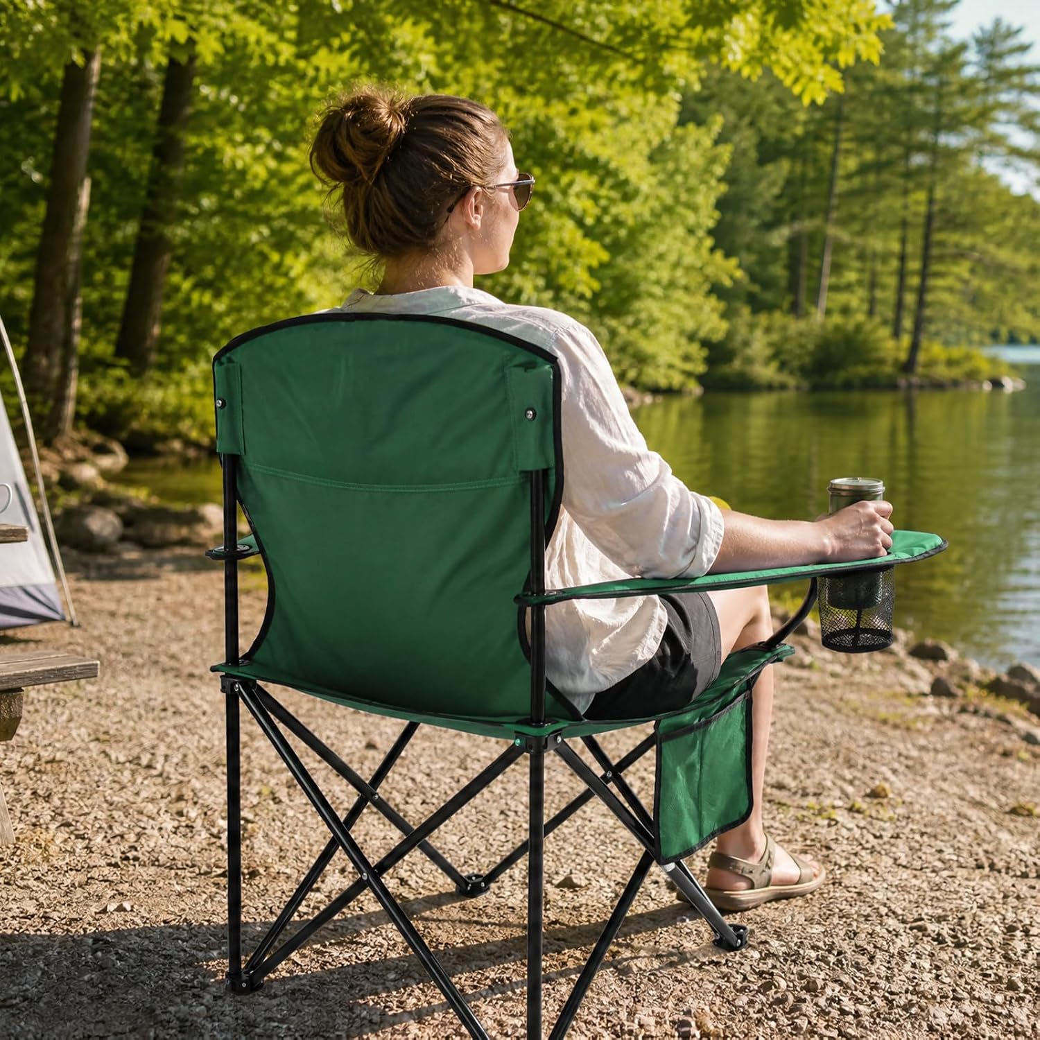 Camping Chairs for Adults, 2 Pack Heavy Duty Folding Chair with 4-Can Cooler Bag, Portable Outdoor Chair with Cup Holder, Collapsible for Tailgating, Beach, Fishing, Green thumbnail