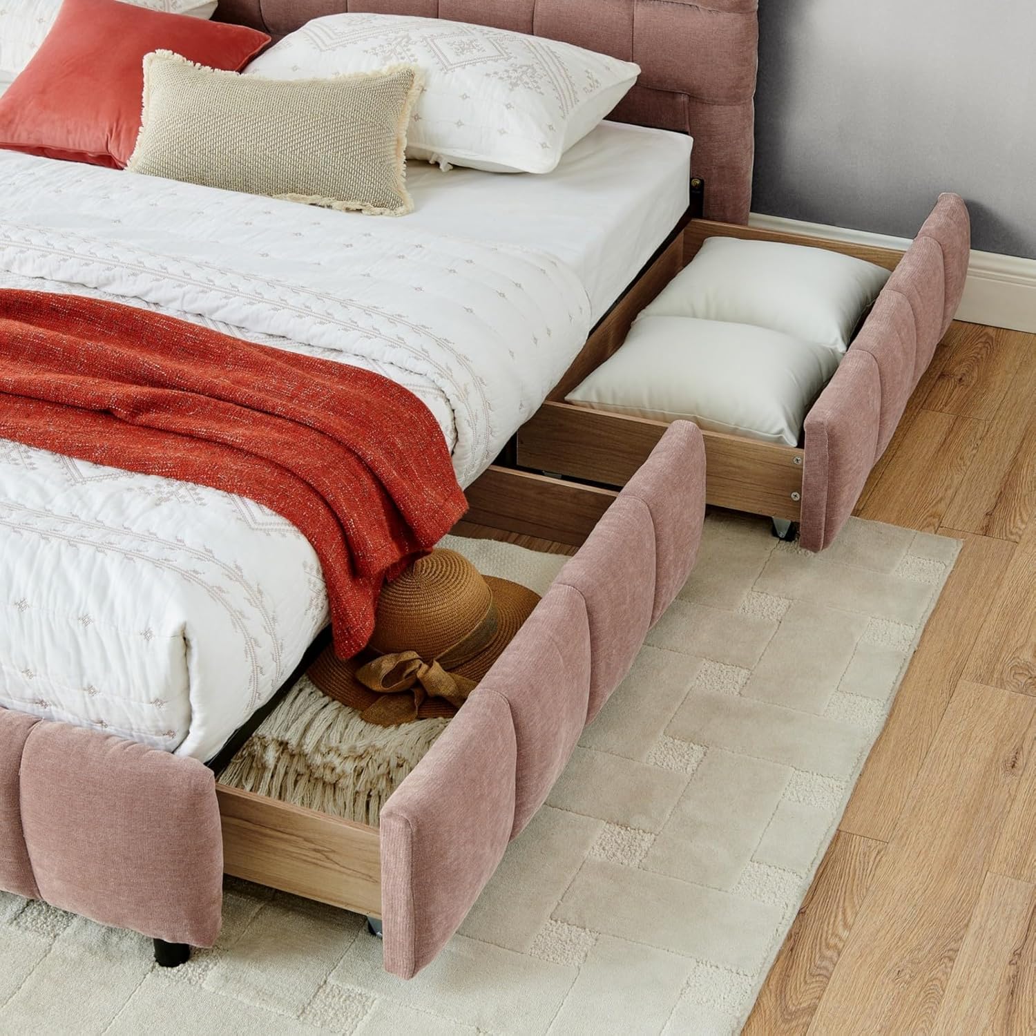 KEIKI King Thick Chenille Bed Frame with 4 Storage Drawer & Upholstered Tufted Headboard, Modern Solid Wood Floor Platform for Bedroom, No Box Spring Needed