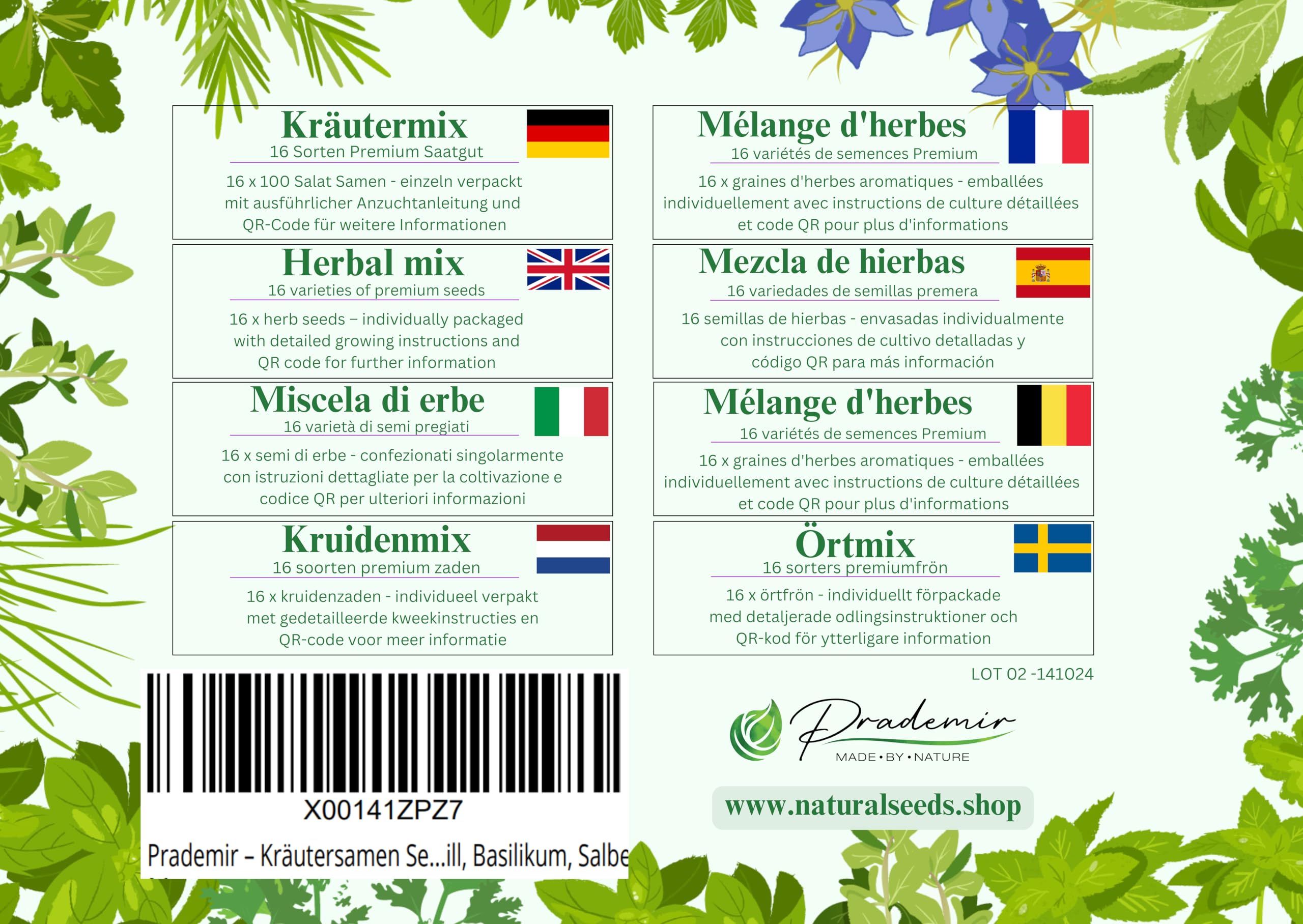 Set de graines d'herbes aromatiques PRADEMIR - 16 variétés d’herbes aromatiques - Graines 100% naturelles – Variétés les plus populaires du Portugal à haut taux de germination.