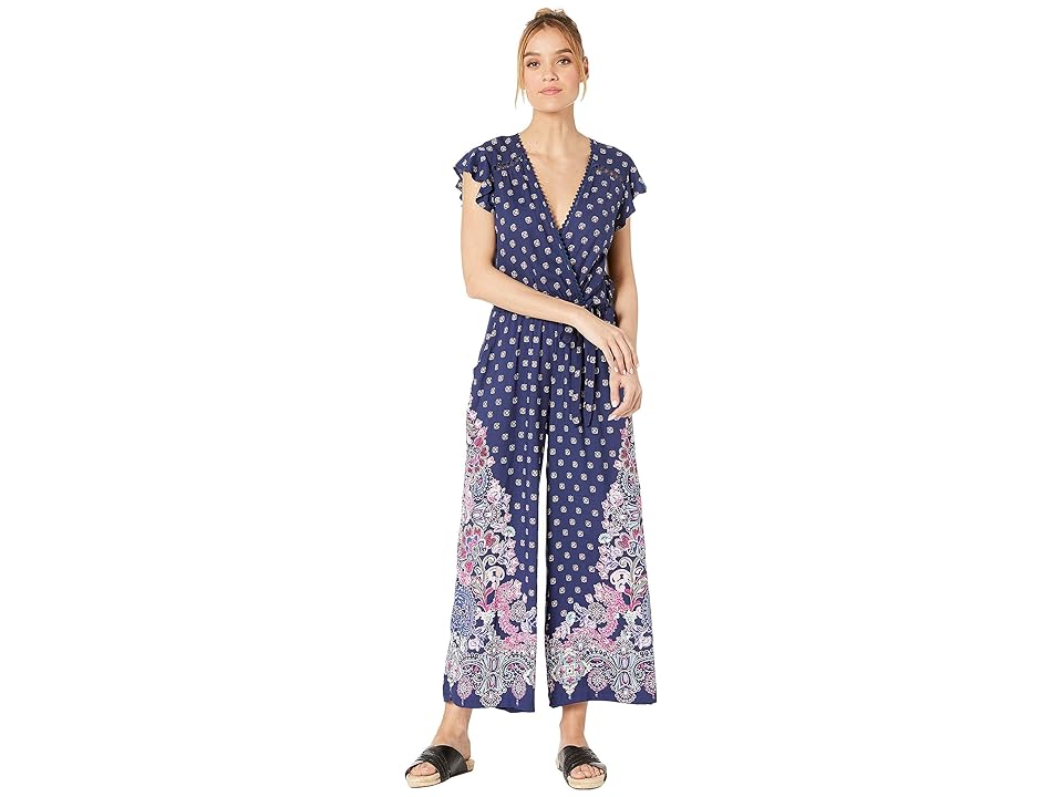

Angie Faux Wrap Jumpsuit w/ Crochet Trim (Navy) Women's Jumpsuit & Rompers One Piece