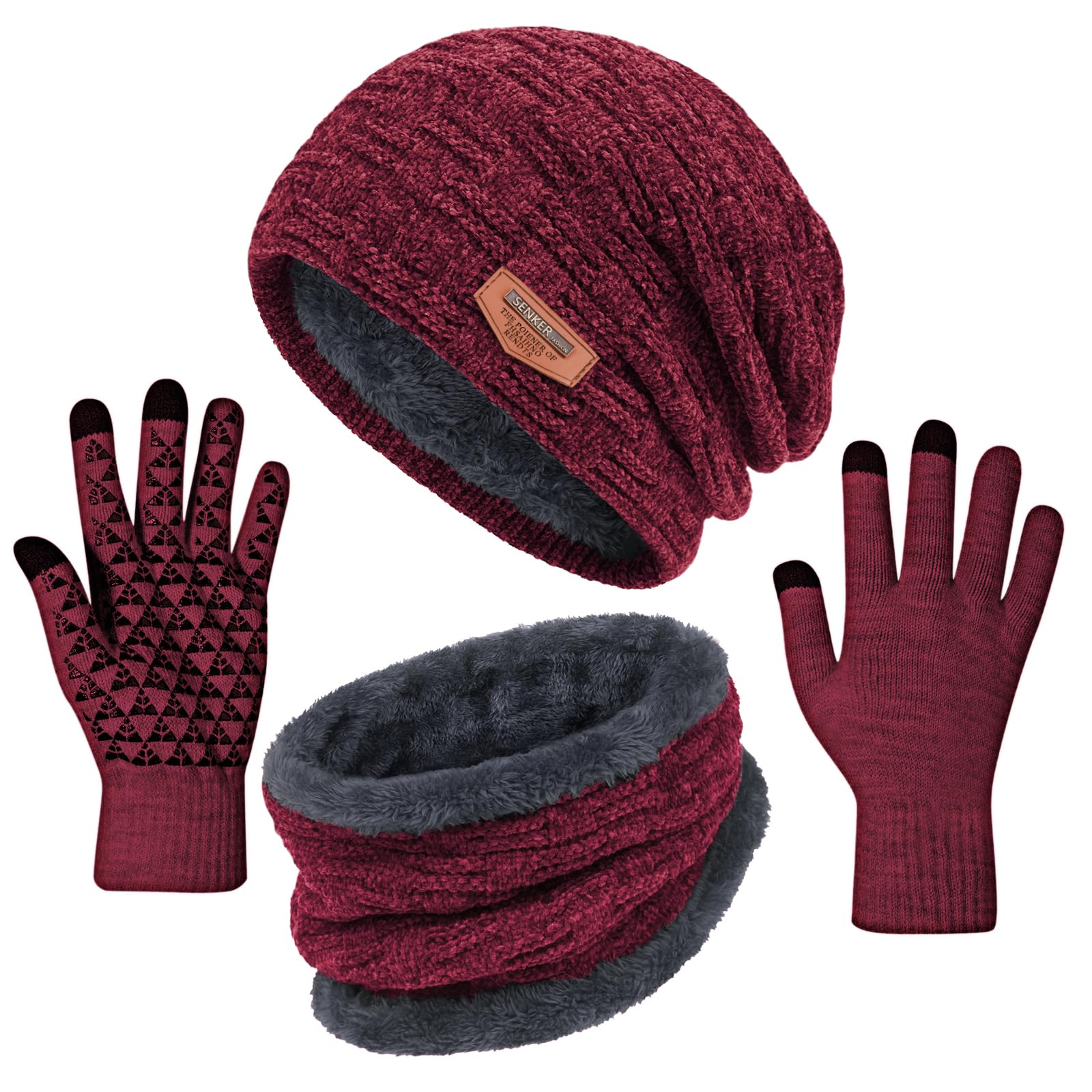 3 Pieces Winter Hat Scarf and Gloves Set for Men and Women, Knit Slouchy Beanie Cap & Neck Warmer & Screen - Touch Gloves