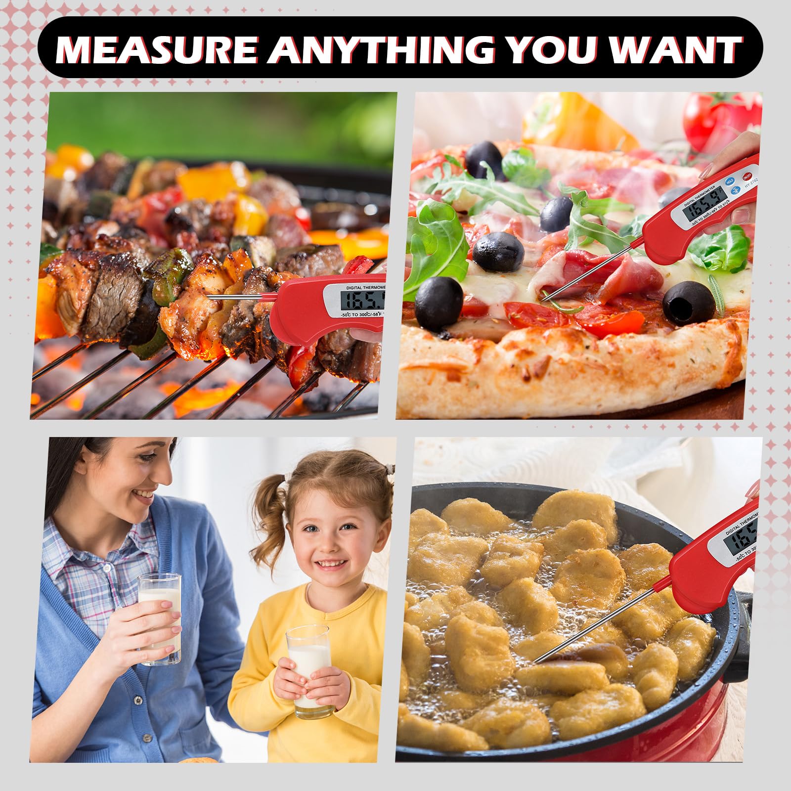 Xuhal Termómetro digital de carne con sonda, impermeable, lectura instantánea, plegable, con imán para cocina, parrilla, cocina, pavo, hornear, barbacoa, 12 piezas (rojo)