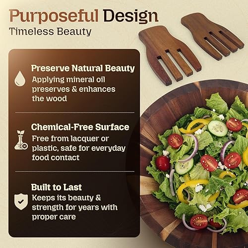 Miniatura 4 de Juego de ensaladera grande de madera de acacia con manos para servir, cuenco de madera para mezclar frutas, pasta, cereales, 11 pulgadas de