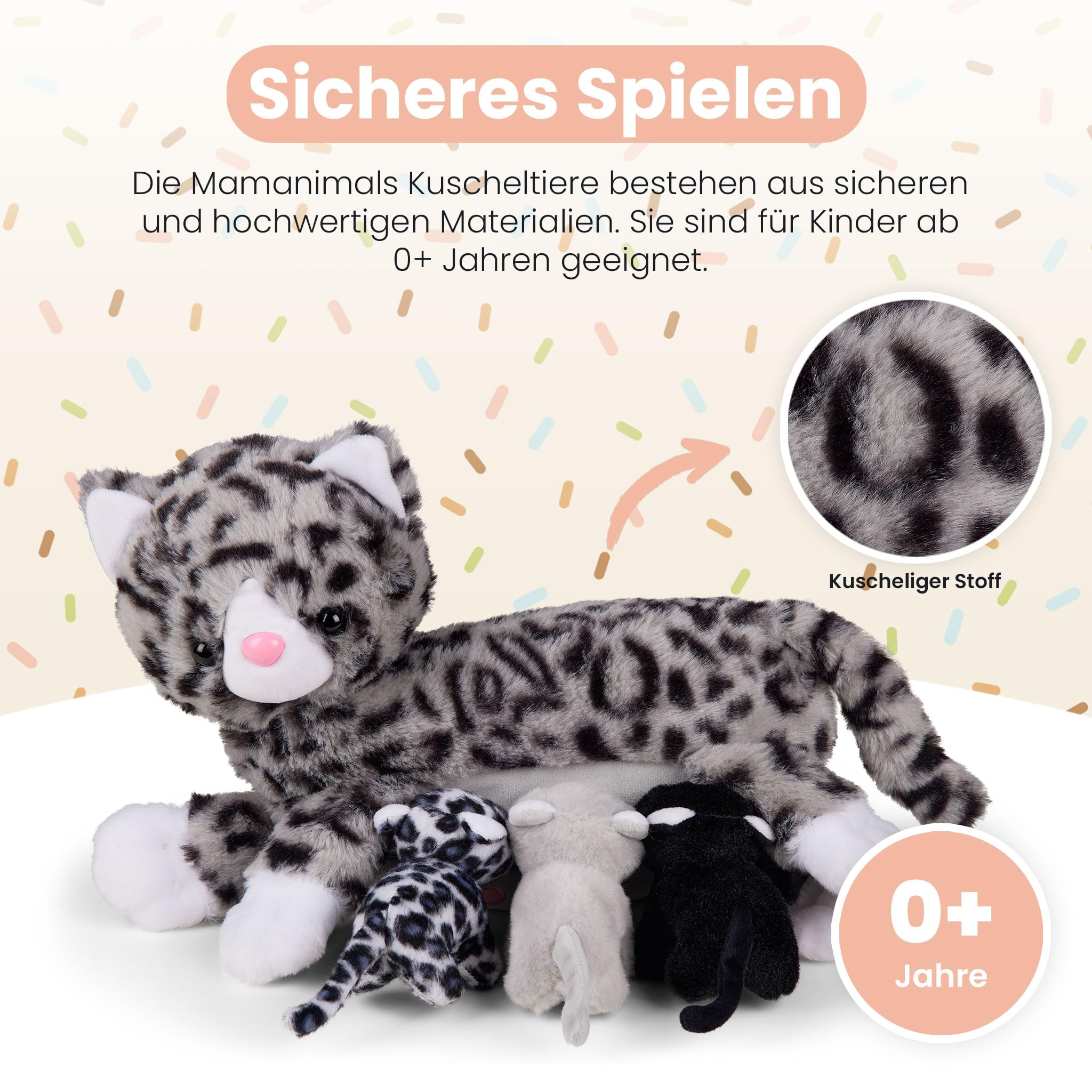 Katze Kuscheltier mit 3 Baby Katzen, Babys im Bauch mit Reißverschluss verstaubar, magnetische Zitzen zum Säugen, hochwertiges Plüschtier Set für Kinder