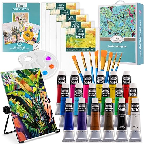 Inburit Juego de pintura artística para niños, kit de suministros de pintura con 5 paneles de lienzo, 8 pinceles, 12 pinturas acrílicas, caballete