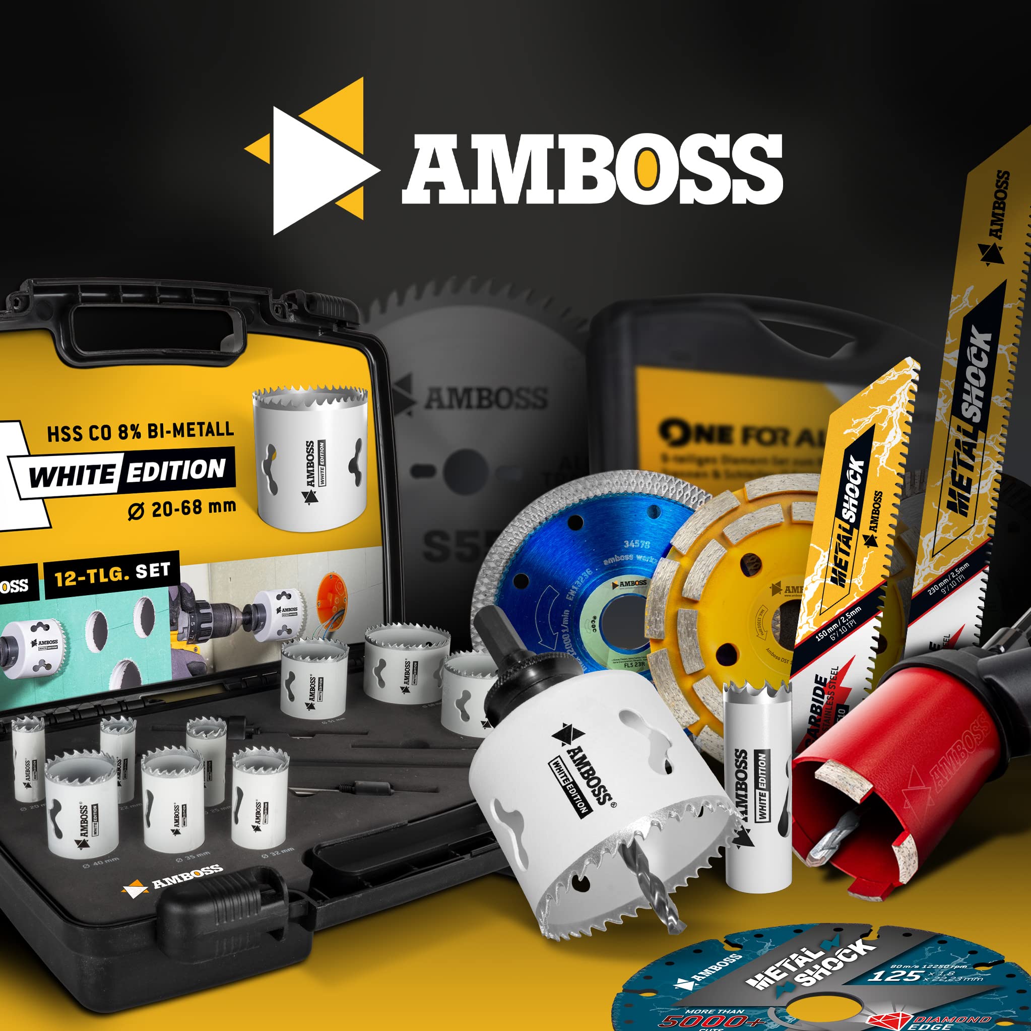 Amboss M 42 - Set di seghe a tazza bimetalliche, diametro 20-68 mm, 12 pezzi, per alluminio, acciaio, cartongesso, legno, ecc. White Edition 12