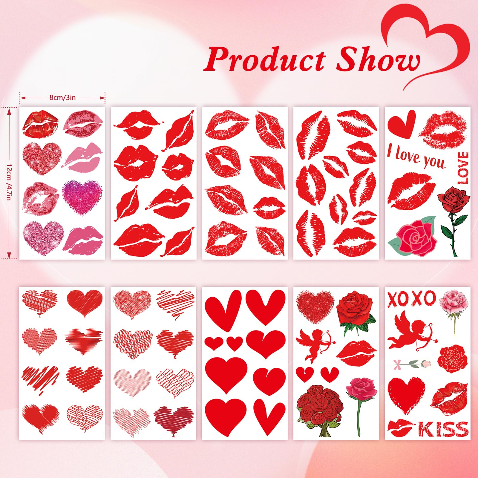 Konsait Valentine's Day Heart and Lip Tattoos - Rose Pattern Fake Tattoos for Women and Girls - 10 Sheets Party Supplies - Image 2