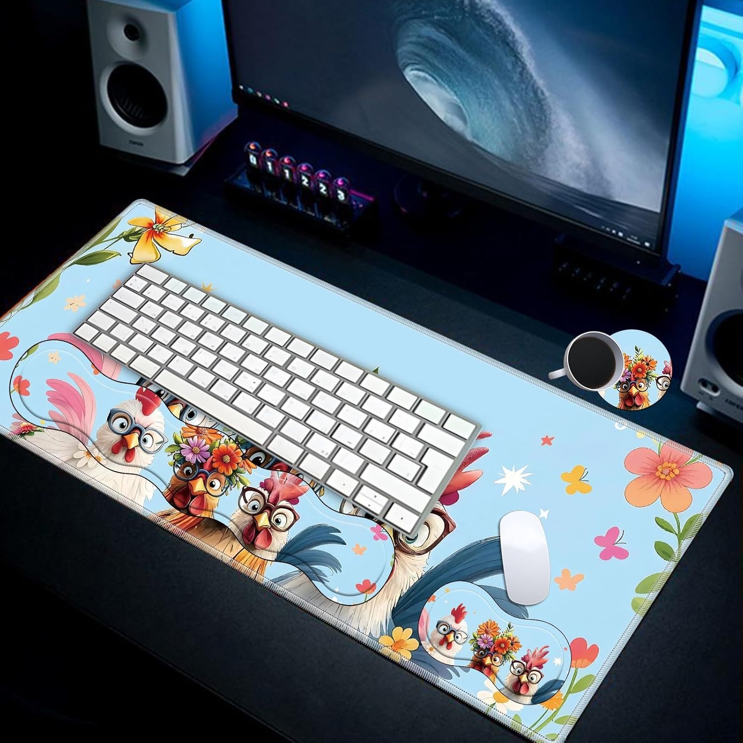 Desk Mat Large Gaming Mouse pad Set 31.5x11.8 inch [4in1Mousepad + Keyboard Wrist Rest+Mouse Wrist Rest+Coaster ] with Ergonomic Desk Pad for Home Office Table Computer - Cute Chicken - Image 6
