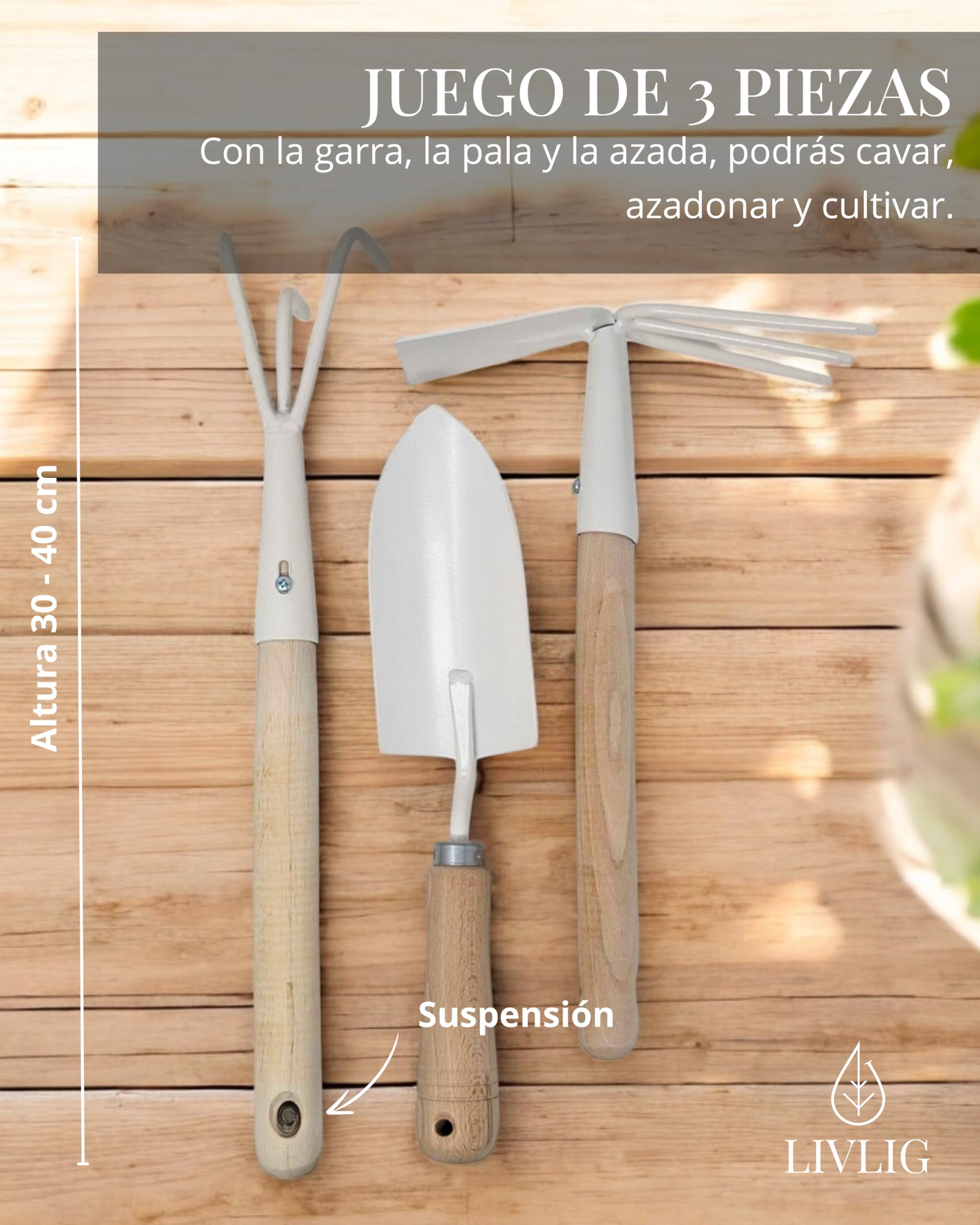 LIVLIG Juego de herramientas de jardín, juego de herramientas de jardín compuesto por pala, rastrillo, azada con tenedor, mango de madera de roble