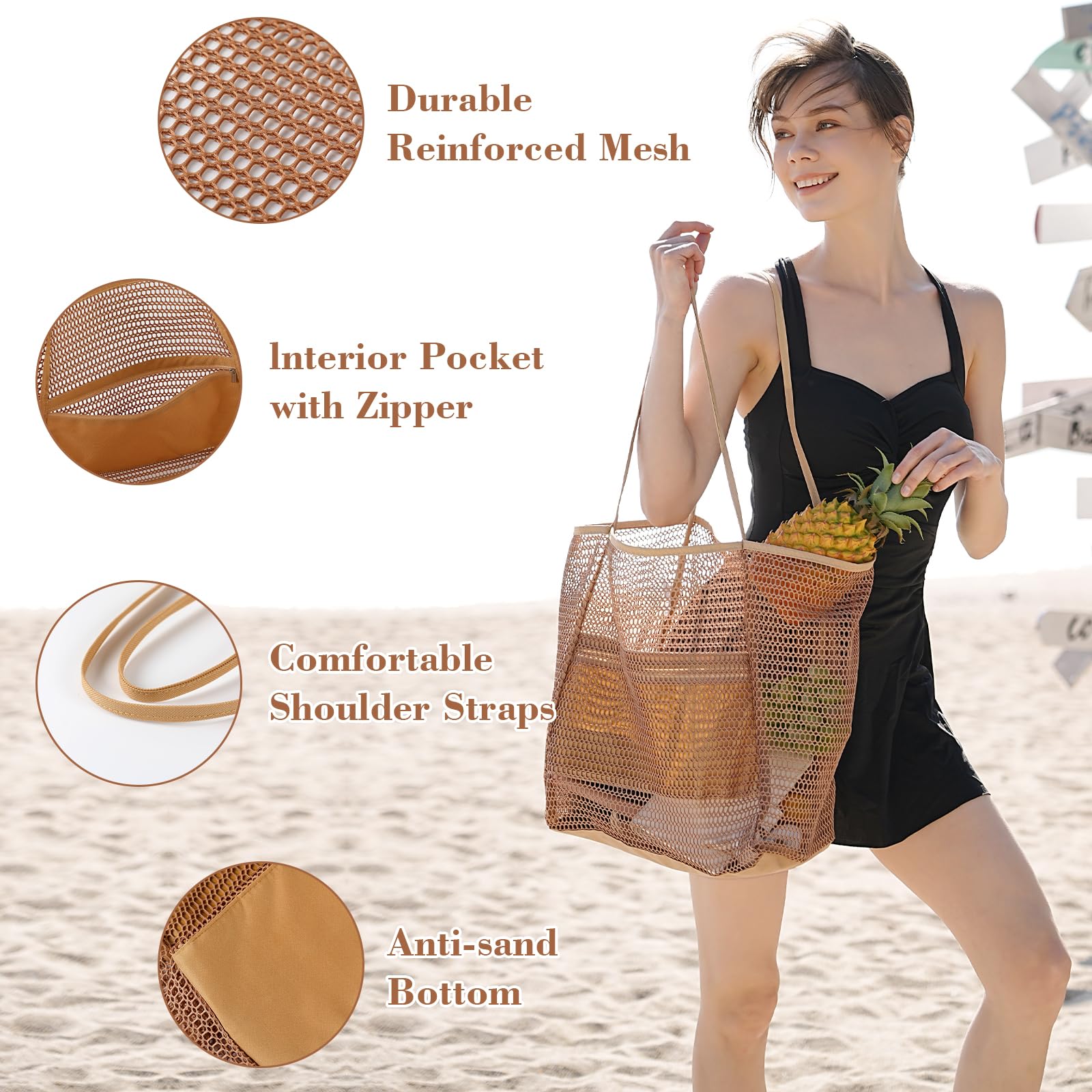 Bolsa de playa de malla, bolsas de playa para mujer, bolsa de playa tejida de paja impermeable con bolsillo interior, bolsa de playa plegable, Caqui, Talla única 4