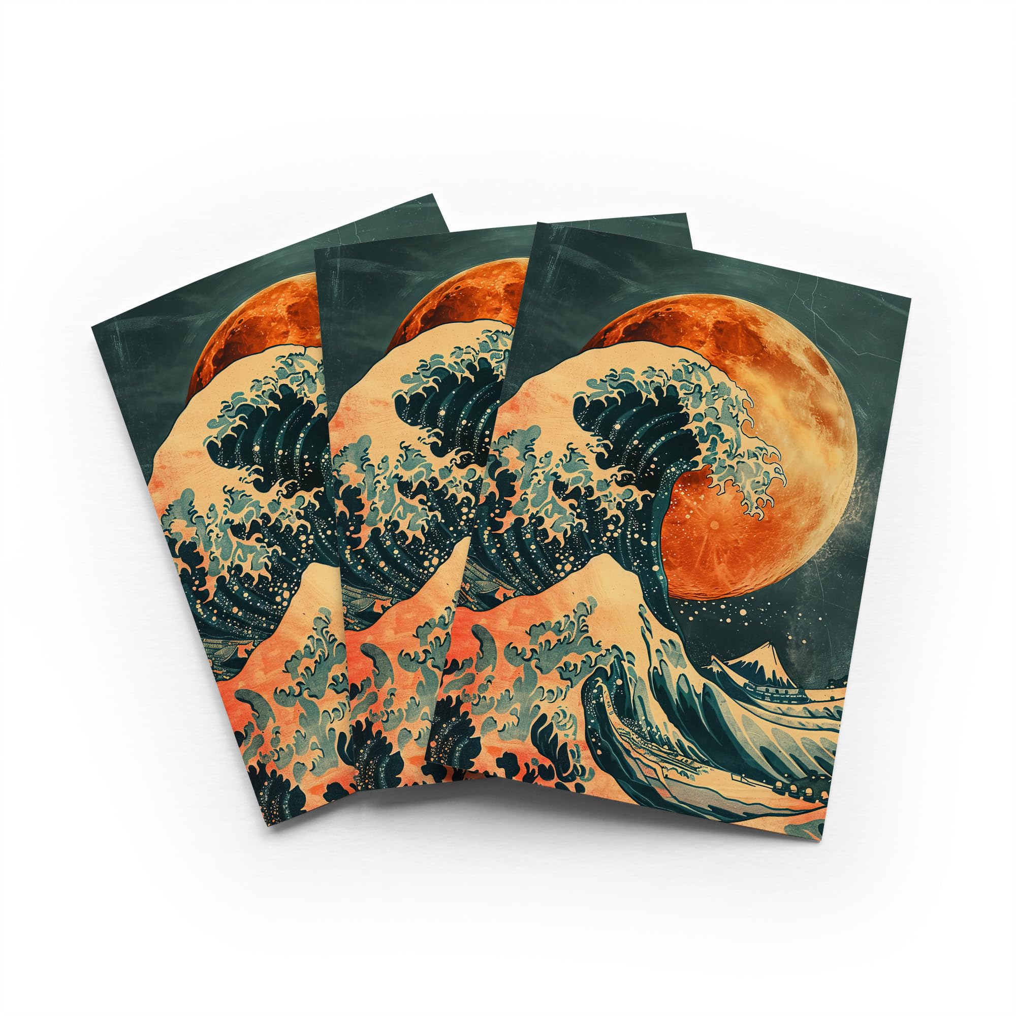 Orange Moon Japanese Waves Greeting Card Traditional Art Any Occasion Set of 3 Blank Inside 5x7 Inch 13x18 cm