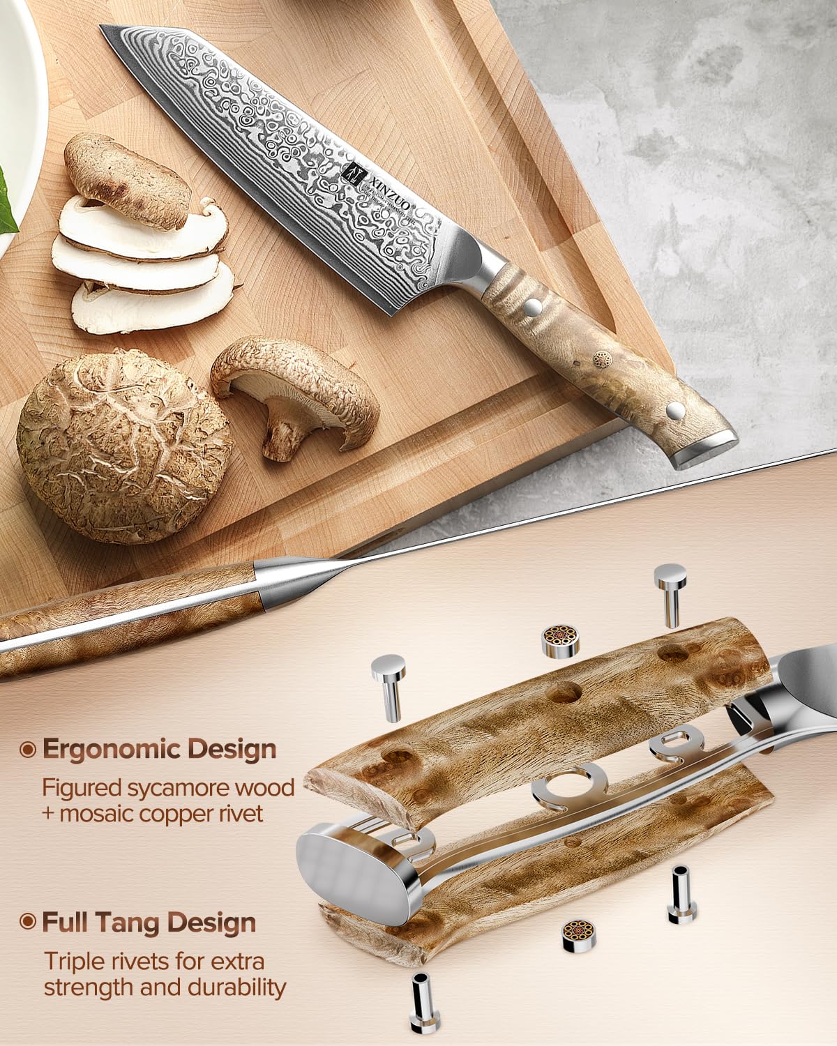 XINZUO Kiritsuke Chef Knife 5.8",Sharp Forged Damascus Stainless Steel Sharp Small Kitchen Knife,For Home & Restaurant,Full Tang Figured Sycamore Wood And Mosaic Copper Rivet Handle — Amazon image 4