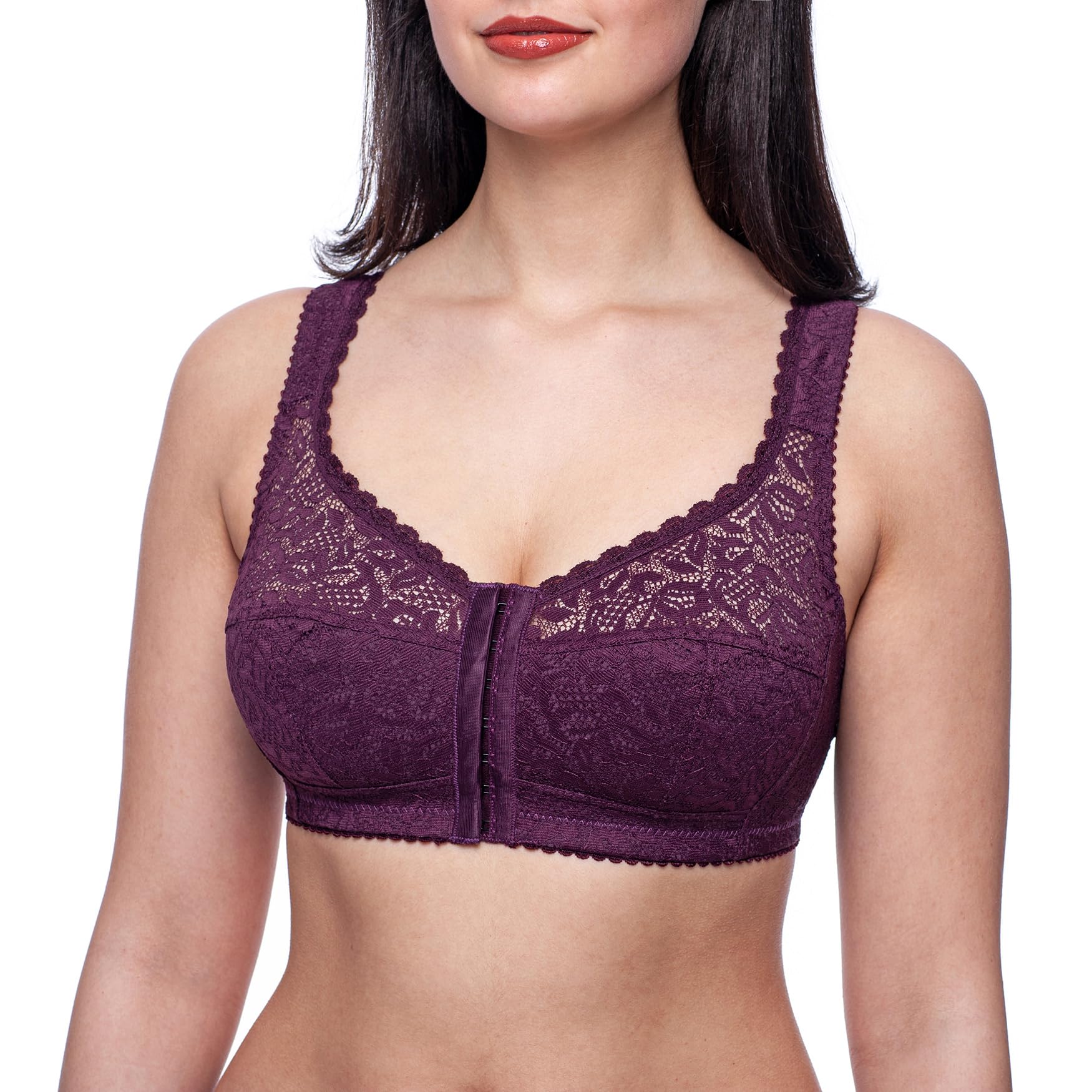 frugue Women's Front Fastening Bra Plus Size Wireless Minimiser Support UK Purple 44 DD