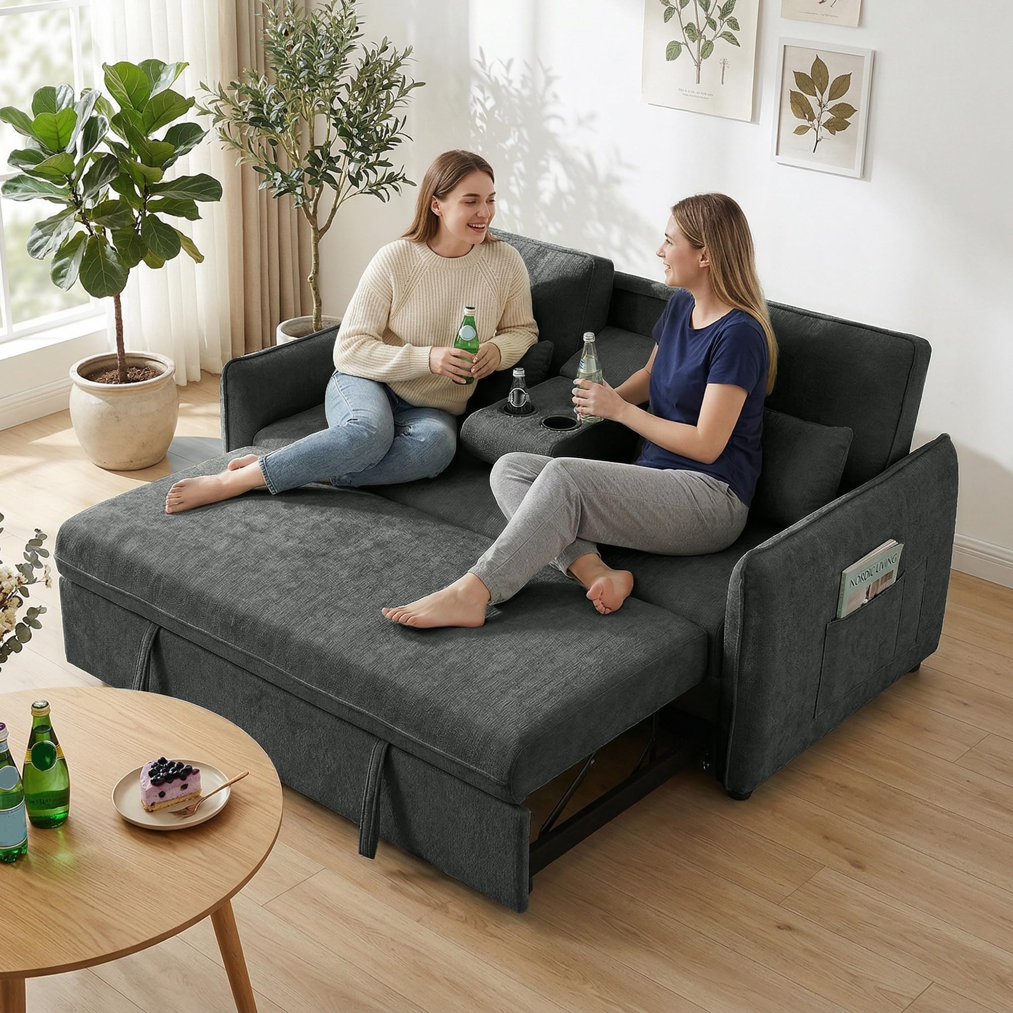 HOMCOM Divano Letto 2 Posti 3 in 1 in Ciniglia, Divano Letto Matrimoniale Clic Clac Estraibile Reclinabile 3 Livelli, Tavolino, 2 Cuscini Spessi, Tasche Laterali, Braccioli, per Soggiorno, Grigio