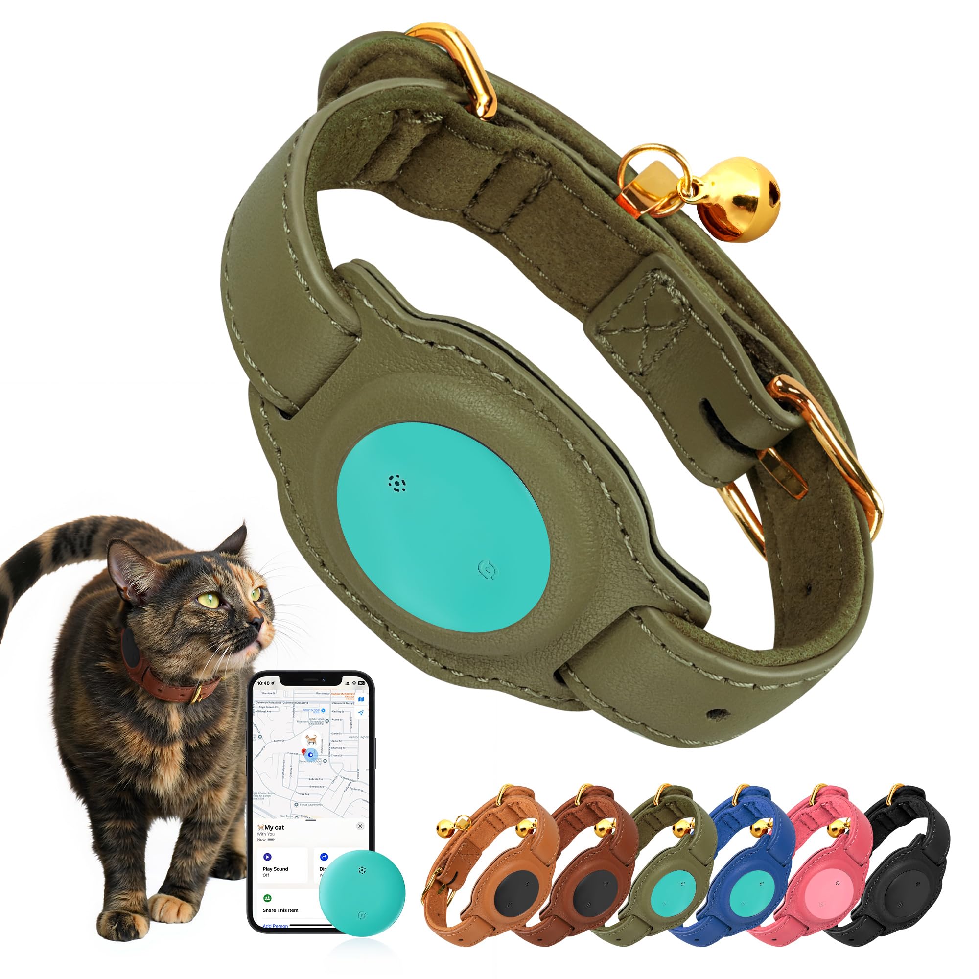 Cat Tracker, GPS Pet Tracker for Cats (Only iOS), Leather Cat Collar with Tracker, Works with Any Collar, No Monthly Fee, Compatible with Apple Find