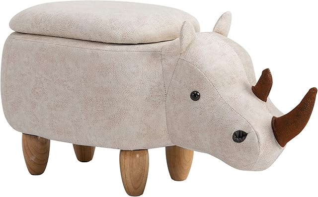 HOMCOM Rhino Storage Stool Cute Decoration Footrest Wood Frame Legs w/ Padding Lid Ottoman Animal Furniture Cream 36x70cm