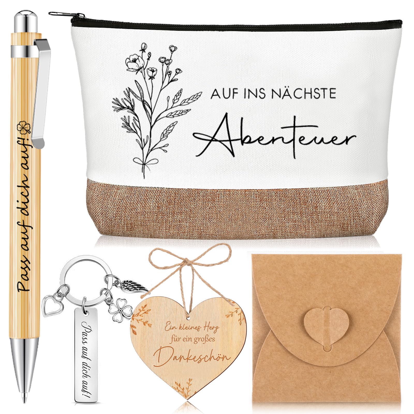 Nezyo Geschenksets für Kollegen Mit Inspirierender Kosmetiktasche Pass auf Dich Auf Schlüsselanhänger Kugelschreiber Liebeskarte aus Holz Ruhestand Jobwechsel Abschiedsgeschenk Freundin