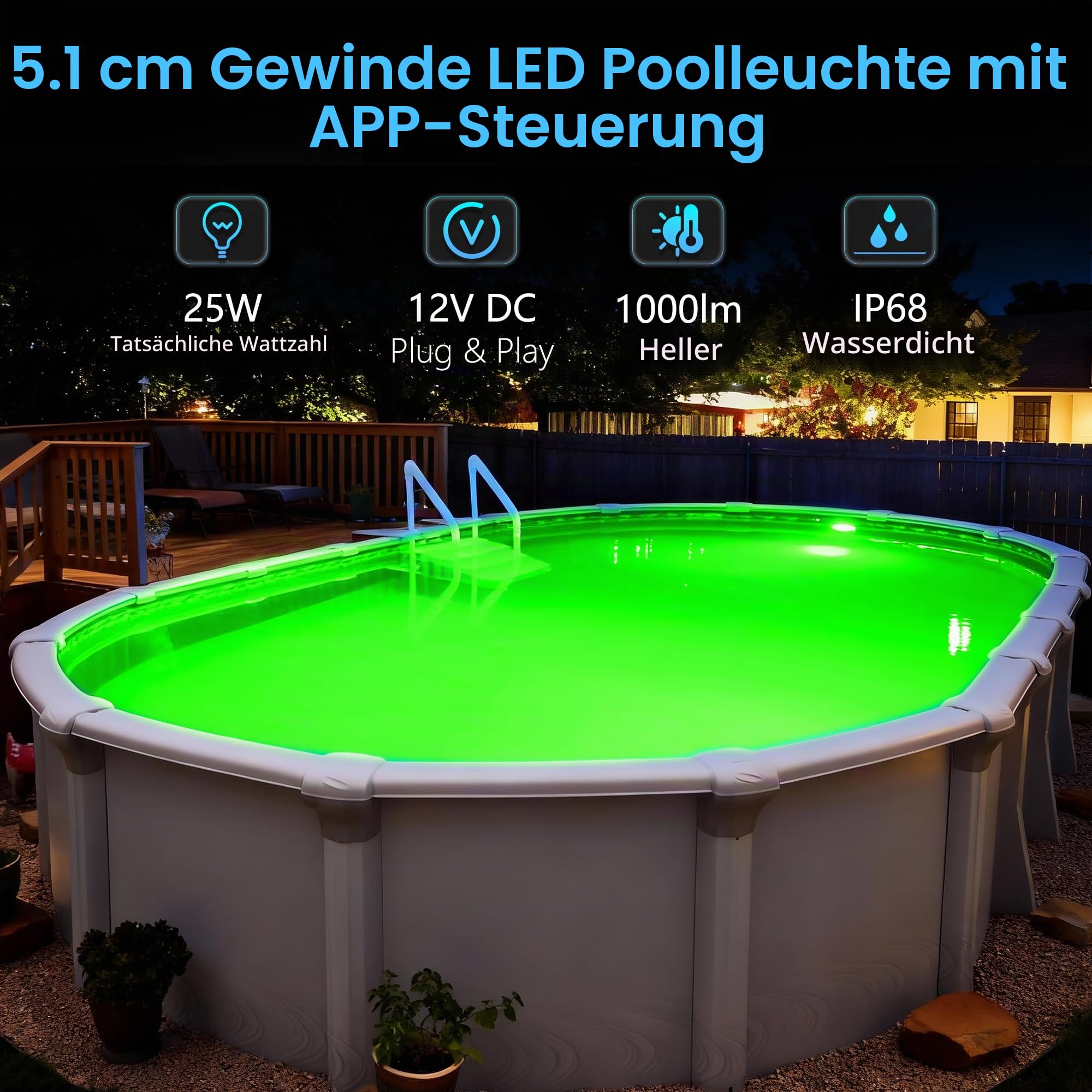 LED Poolbeleuchtung mit 2" Außengewinde, 25W Harz Gefüllt RGB Poolscheinwerfer für Aufstellpools, APP-Steuerung mit Timer, 12V AC Unterwasserscheinwerfer mit 9.5m Kabel für Stahlwandpool