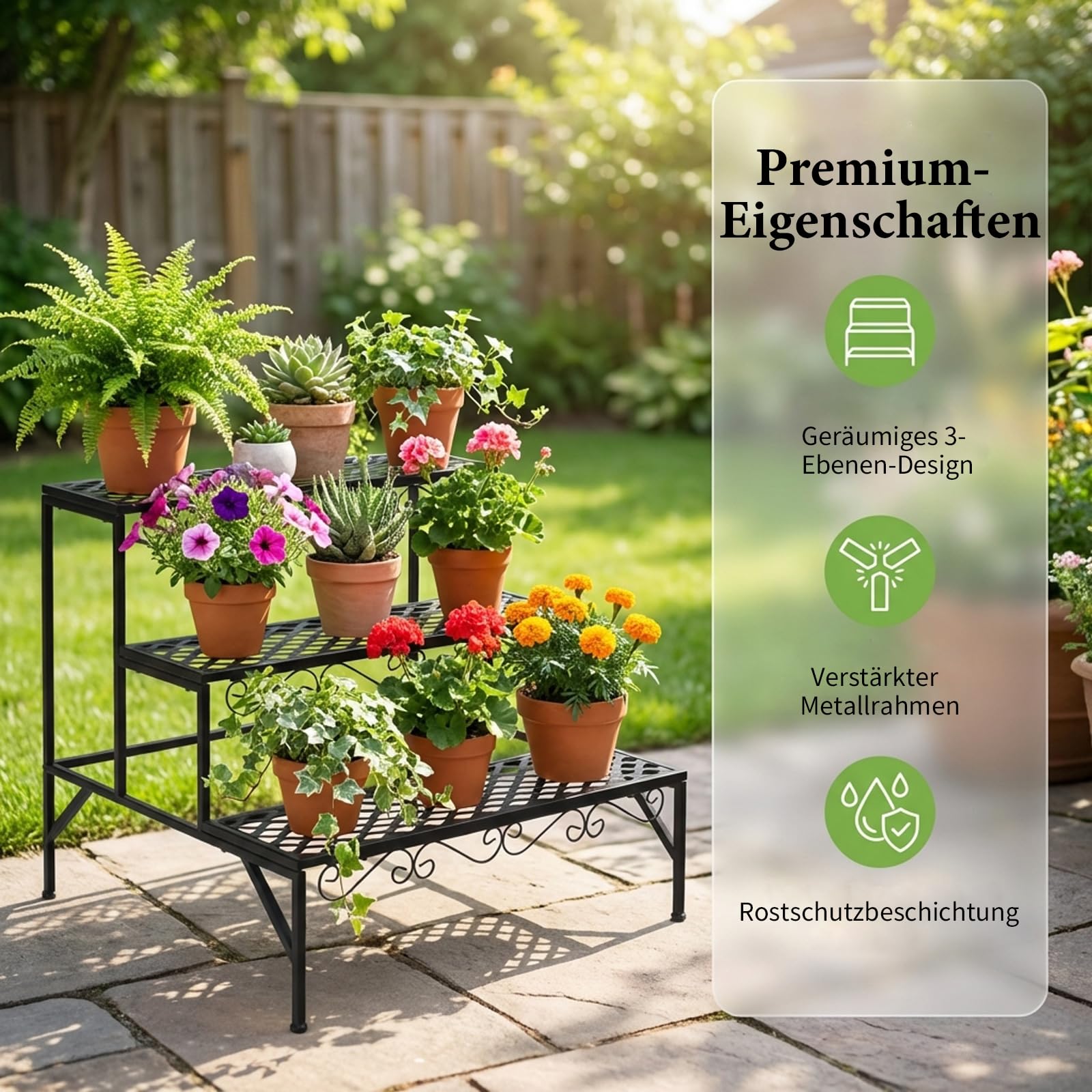 3-stöckige Metall Blumentreppe, Pflanzentreppe für Balkon Garten Wohnzimmer, wetterfestes Blumenregal als Deko, 70x60x60cm Schwarz
