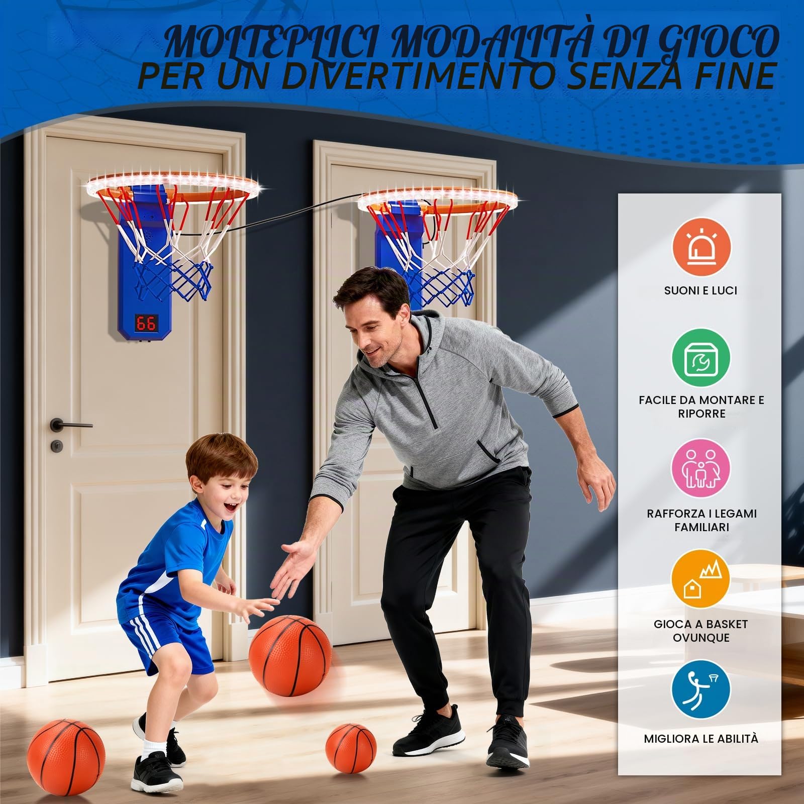 TERRAMUS Mini Canestro da Basket, Set da 2 Canestri da Basket con Pannello di Visualizzazione Elettronico, Canestro da Basket Regolabile in Altezza per Bambini, 4 Palle, 1 Pompa ad Aria, Regalo per
