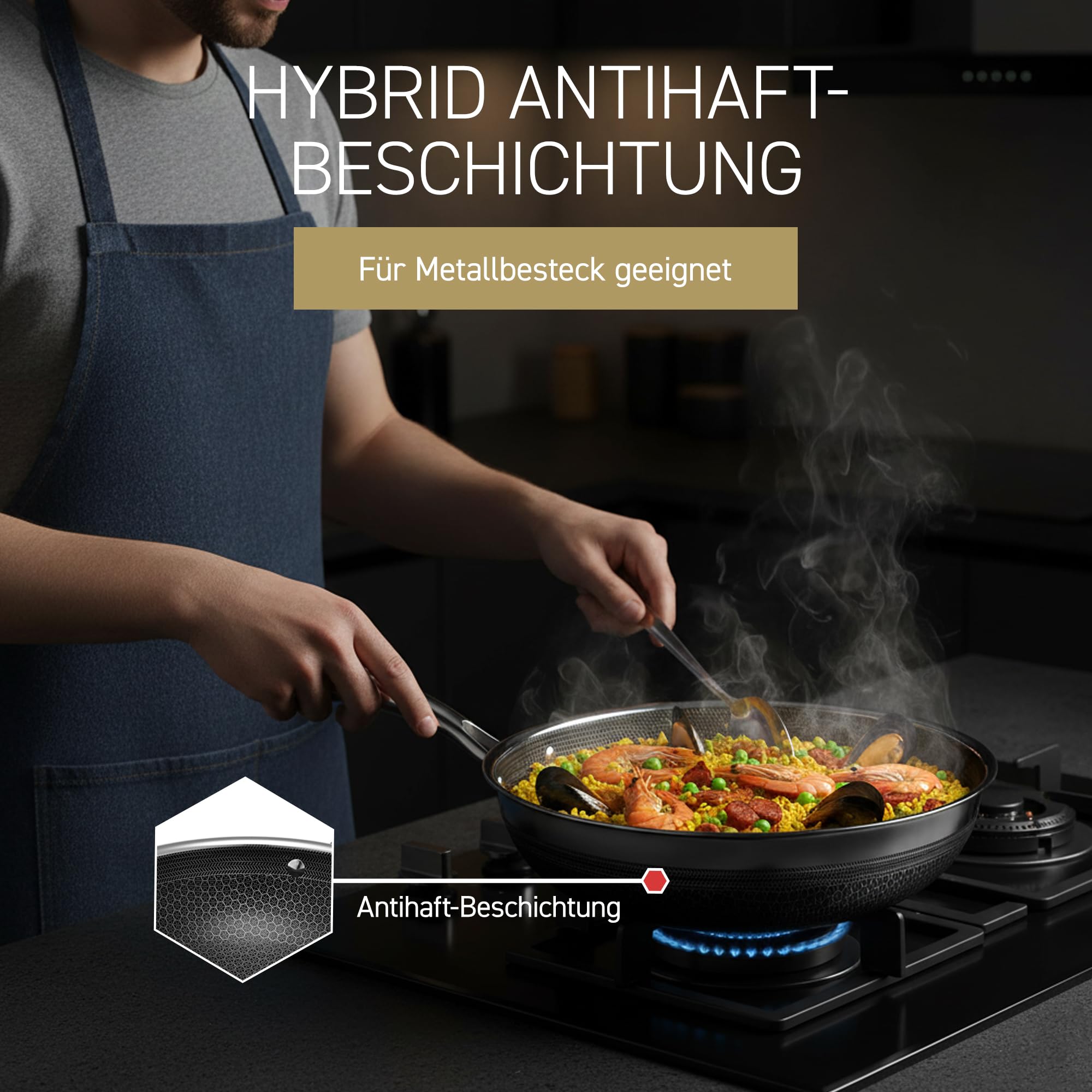 HexClad Hybrid-Wok, Ø 30 cm – Antihaftbeschichtete Wokpfanne mit Stay-Cool-Griff – Edelstahl Wok für alle Herdarten, auch Induktion – Wok Pfanne PFOA-frei*, backofen- und spülmaschinenfest