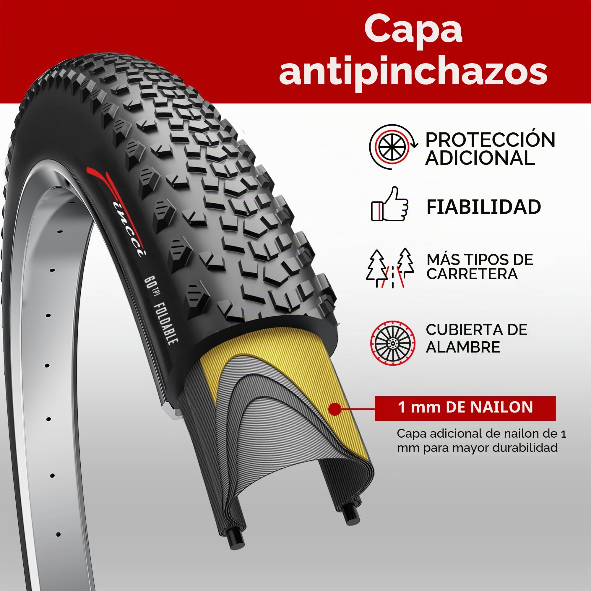 Fincci Neumaticos 700x40 42-622 Plegable 60TPI con Proteccion Antipinchazos | Neumático Bicicleta 700x40c con Carcasa 60TPI y Proteccion LVL3 Nylon para una Presion de 50-80 PSI - Pack de 2