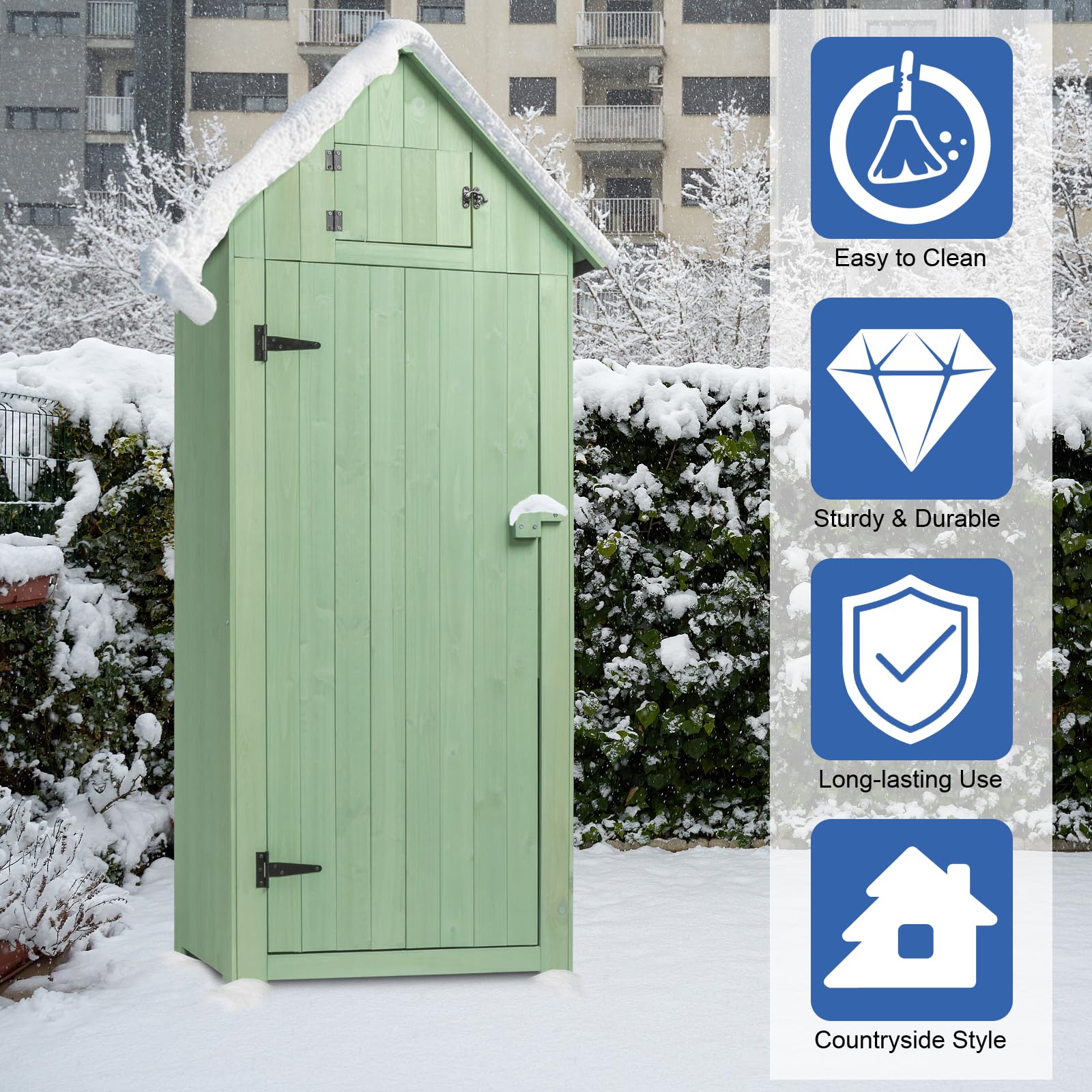 Outopee Wooden Garden Shed with Single Door and Slope Roof, Outdoor Storage Shed, Waterproof Utility Wooden Lockers, 77 x 54.3 x 179 cm, Green — view 9