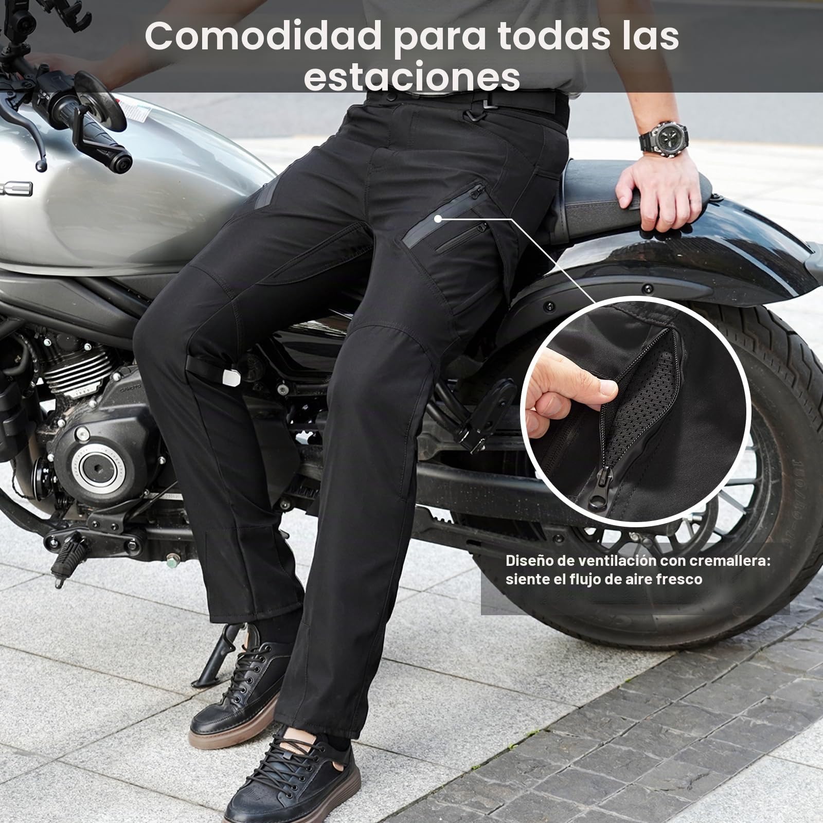 Pantalón Moto con Protecciones CE Nivel 2, Repelente al Agua | Protectores de panal EN1621-1,flexibles en frío & extraíbles,tejido textil, 6 bolsillos, para touring y ciudad, todo el año