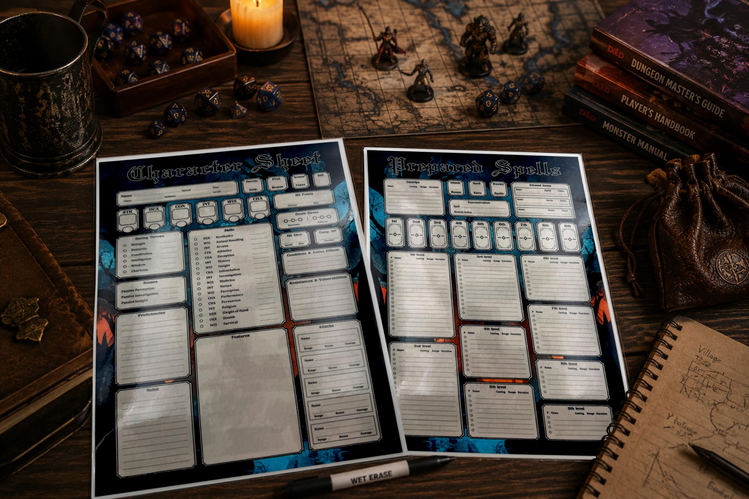 Wiederverwendbarer RPG Charakterbogen – 2 laminierte A4 Character Sheets (4 Seiten), Wet-Erase-Stift inklusive, kompatibel mit D&D 5E & DND 2024 (5.5E)