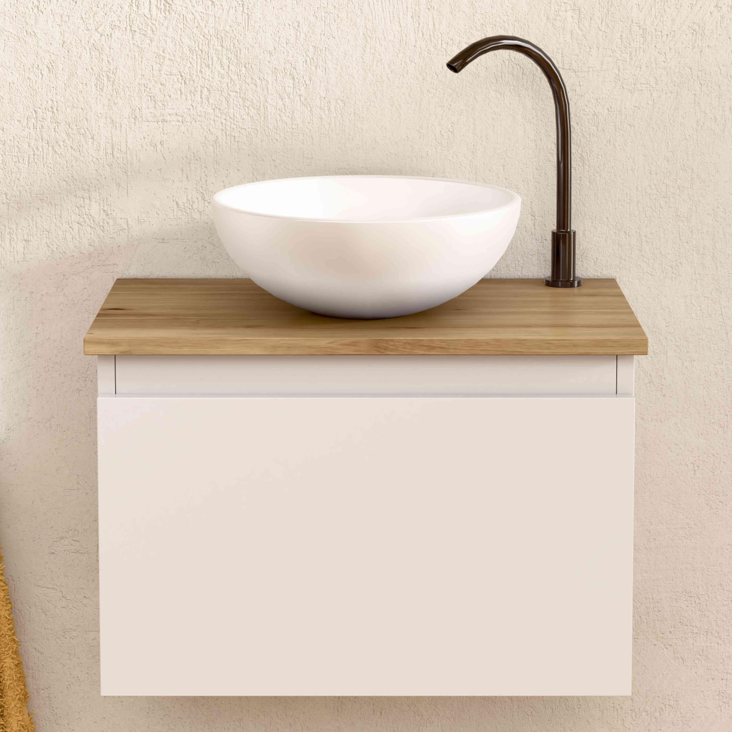 BELLOBATH - Mueble Baño Suspendido con Lavabo de Cerámica Redondo, Mueble Baño con Lavabo Montado con 1 Cajón, 49,5 x 32 x 30 cm, Mueble Blanco/Roble