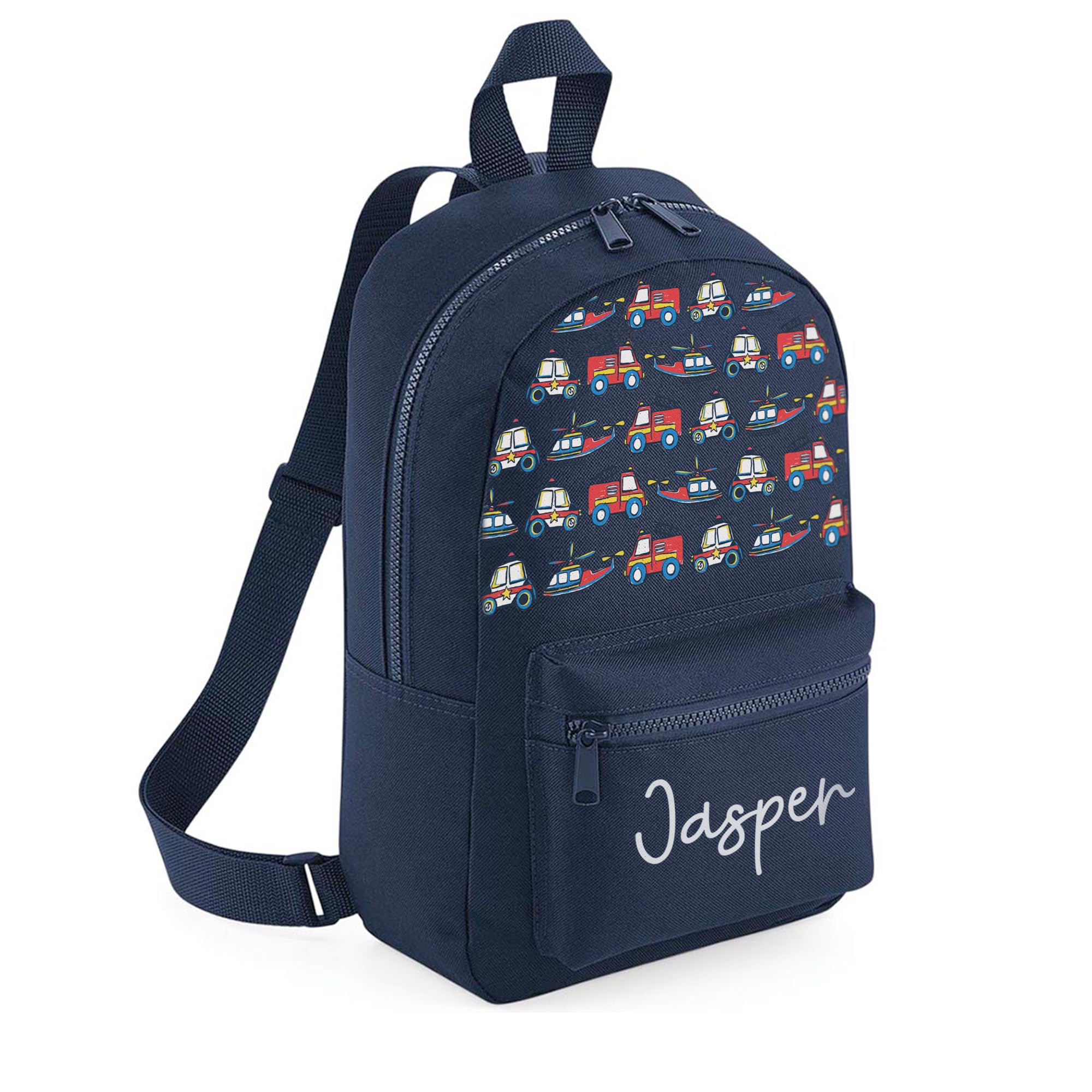 A1 Graphics Ltd Personalised Police Car & Fire Engines Kids Backpack Custom with Name Choice of Colours Police Ambulance Helicopter School Bag with Adjustable Strap For Children & Toddlers (Navy)