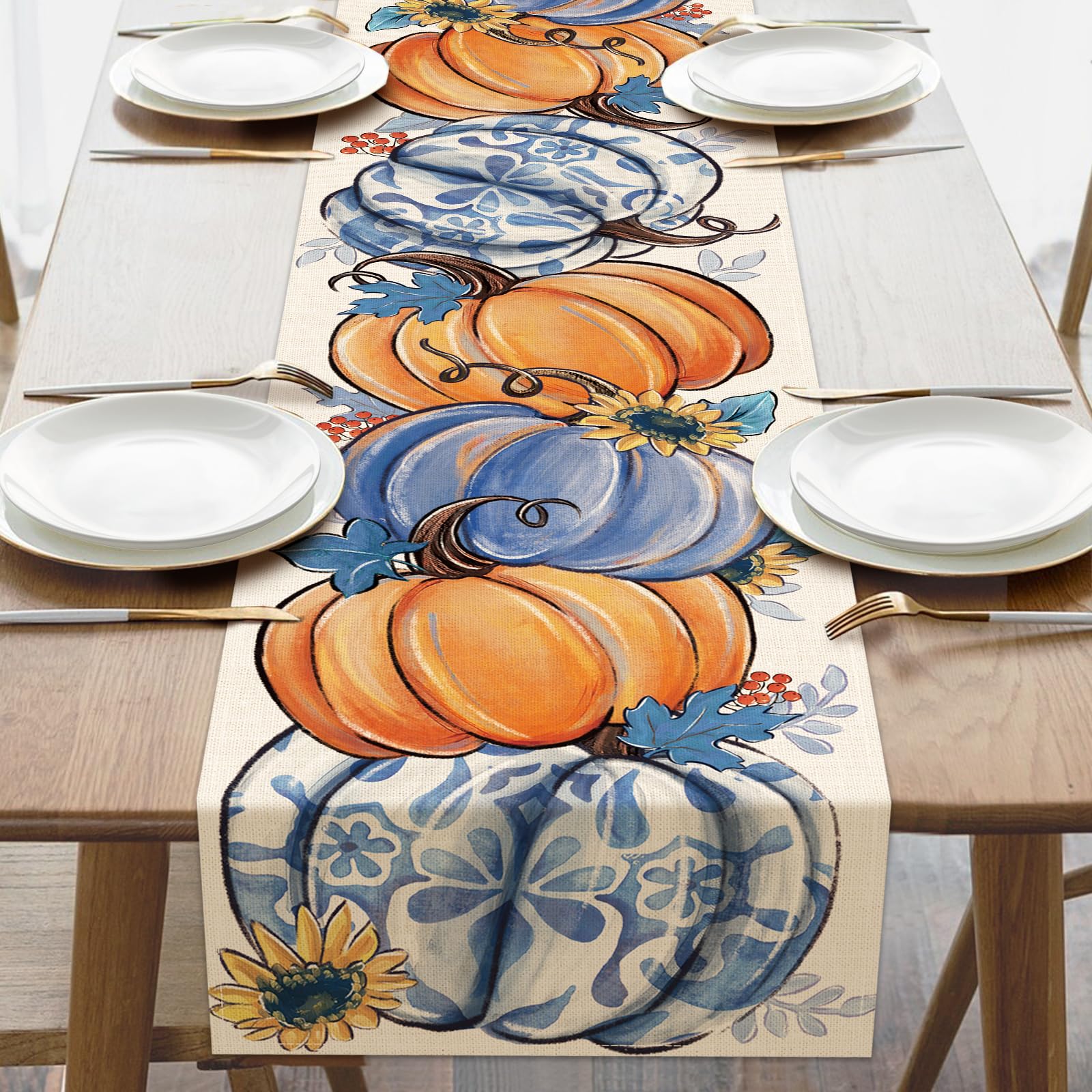Croar Fall Chinoiserie Pumpkin Dining Table Runner, Autumn Thanksgiving Blue and White Porcelain Burlap Kitchen Decoration, Sunflower Seasonal Indoor