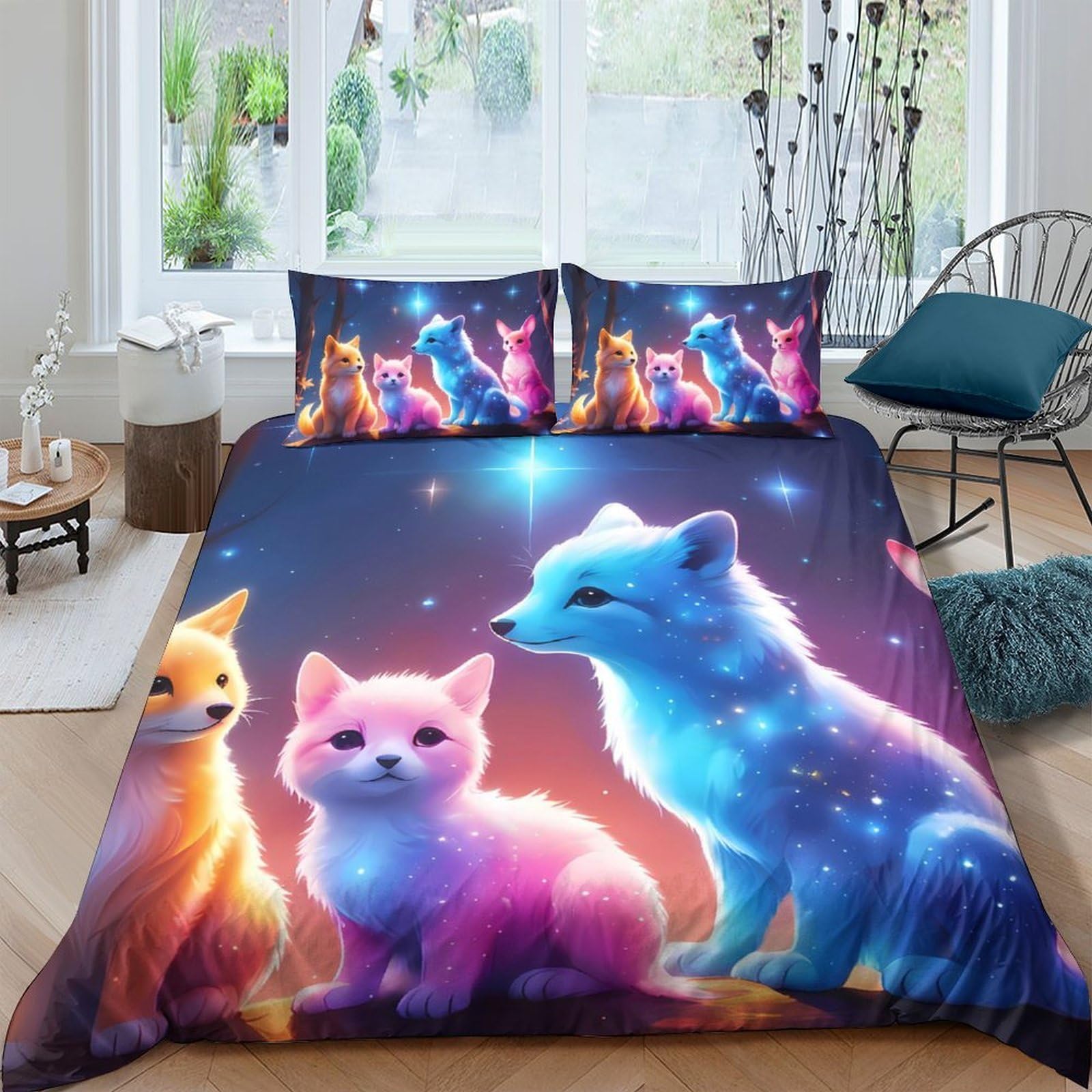 Ctjqhvkz Style-4 3D Printed Fantasy Animal Fitted Sheet Microfiber Soft Blue Pink Cat Fox Bed Cover For Bedroom Dorm Decor Single（135X200cm）