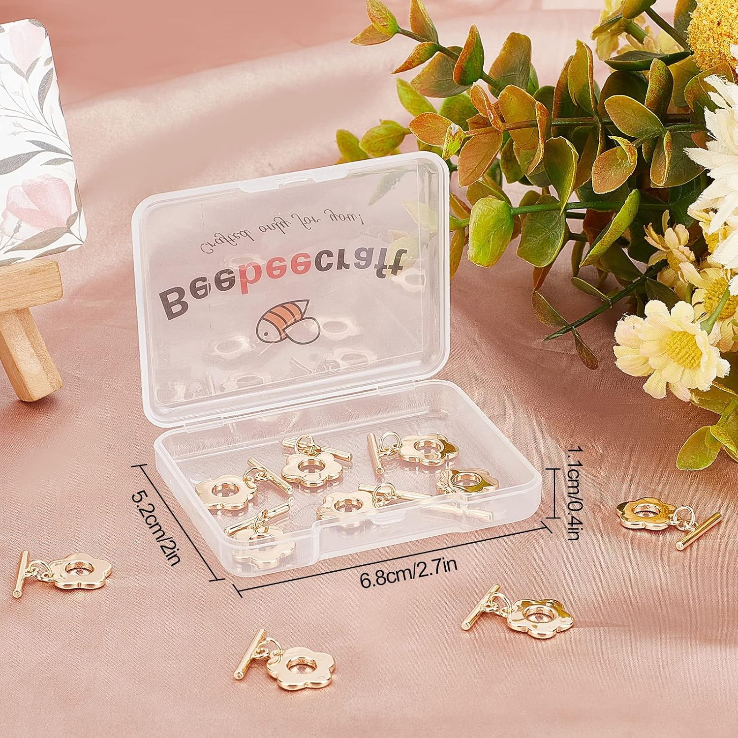 Beebeecraft 10 Sets 18K Gold Plated Toggle Jewelry Clasps Connectors Flower Toggle T Bar Clasps Sets for Necklace Bracelet Earring Making, 14.5x13mm