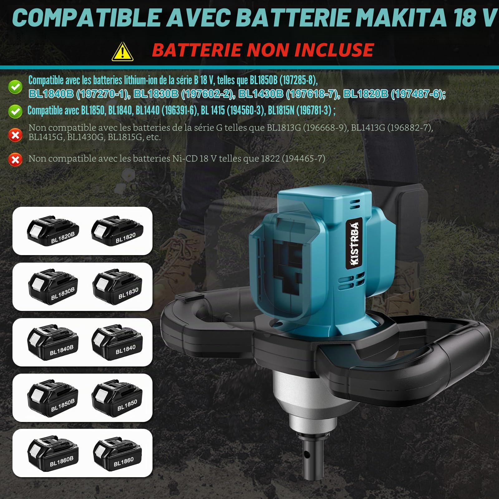 Tarière sans fil pour batterie Makita 18 V (sans batterie), perceuse électrique sans balais 1200 W, double connexion de batterie, convient pour tarière de 205 mm de diamètre (non incluse)