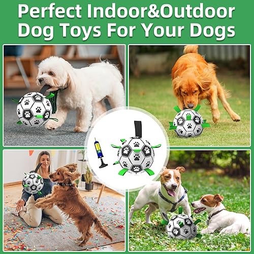 Miniatura 4 de Juego de 2 pelotas de fútbol para perros con correas, juguetes interactivos para perros para tira y afloja, regalos de cumpleaños para cachorros,
