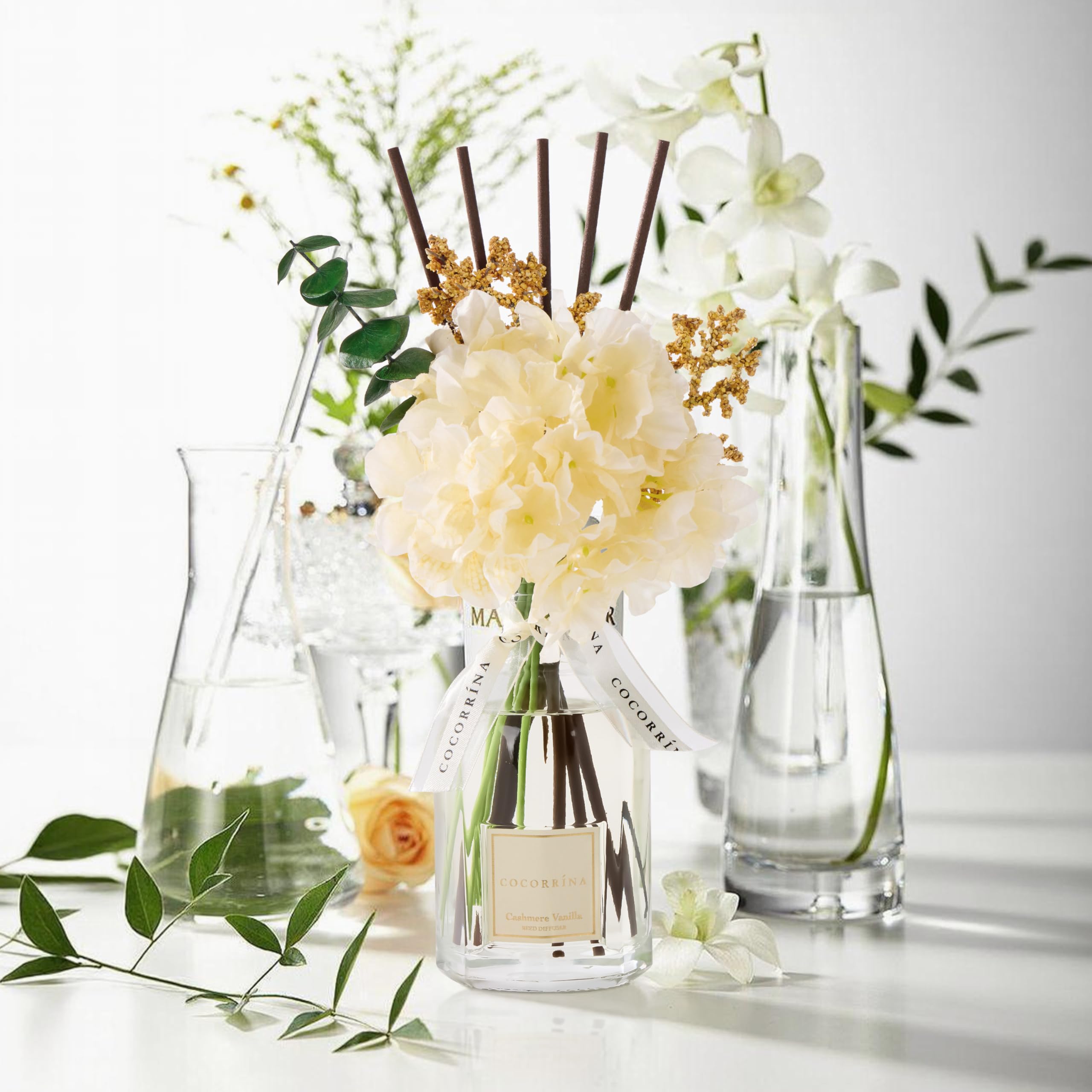 COCORRÍNA Blume 250ml Raumduft, mit Geschenkband und Duftstäbchen, Cashmere Vanilla, Natürlich, Langanhaltend, Home Duft für Wohnzimmer, Schlafzimmer, Badezimmer, Geschenk für Frauen