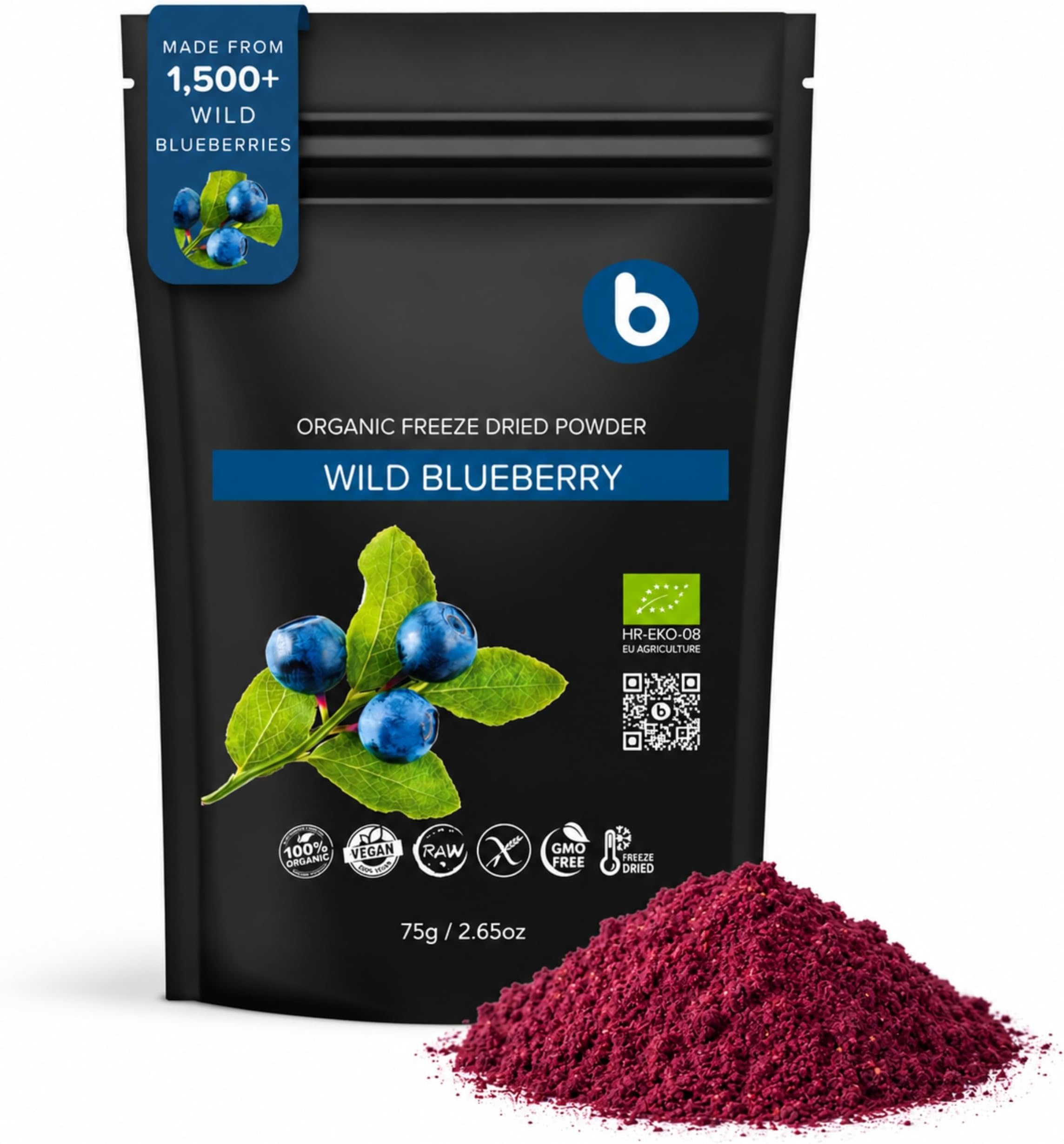 Organic Wild Blueberry Powder, Bilberry Powder - from Freeze Dried Blueberries, Frozen Blueberries - High in Anthocyanins & Polyphenols - for Smoothies, Baking & Natural Food Coloring - Vegan โ 2.65oz