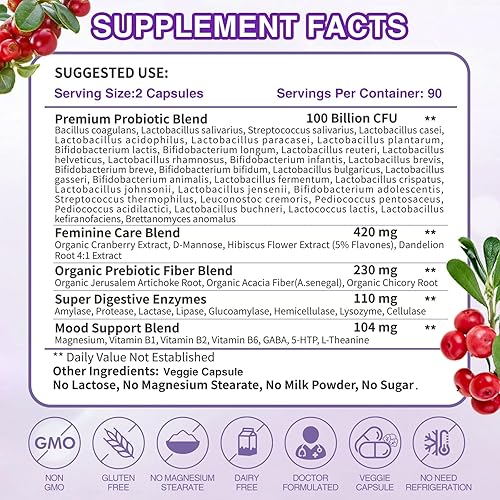 Miniatura 7 de ZEBORA Probióticos para la salud digestiva con enzimas, prebióticos, probióticos vaginales, manosa D y arándano, 100 mil millones de UFC probióticos