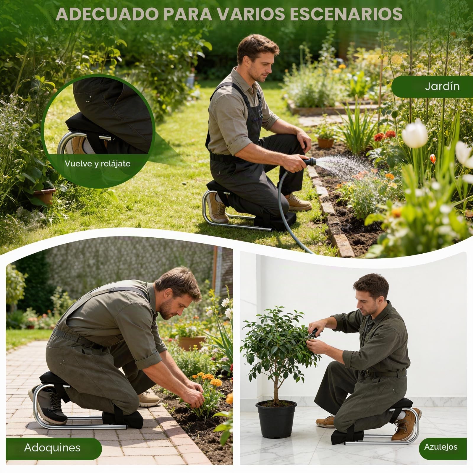 Banco de rodillas alu estable con rodilleras & asiento para jardinería – Asiento ergonómico para suelo y mantenimiento, para altura ca. 160–195 cm, ideal jardín, construcción, bricolaje.