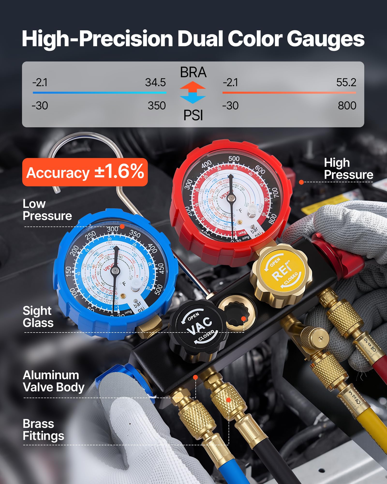VEVOR Kit Manometro Ricarica del Refrigerante per Aria Condizionata Auto con Custodia Portatile, Manometro Indicatore a 4 Vie per Sistema Aria Condizionata per Auto Casa R134a R404A R1234yf R22
