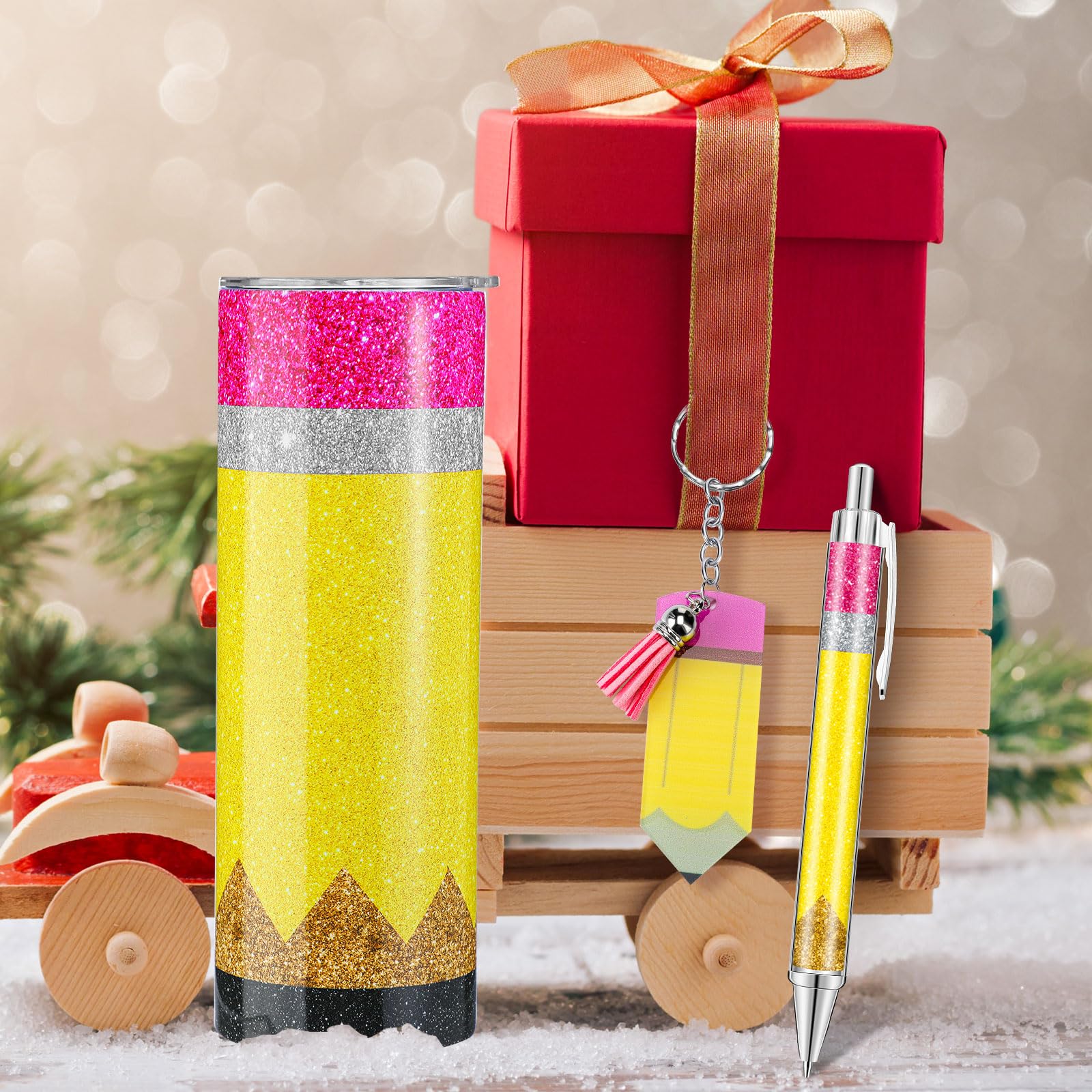 Skylety 12 pezzi regali di apprezzamento di Natale regali per insegnanti 590 ml matita glitter bicchiere tazza in acciaio inox matita portachiavi stile matita penna glitter per insegnanti di Natale