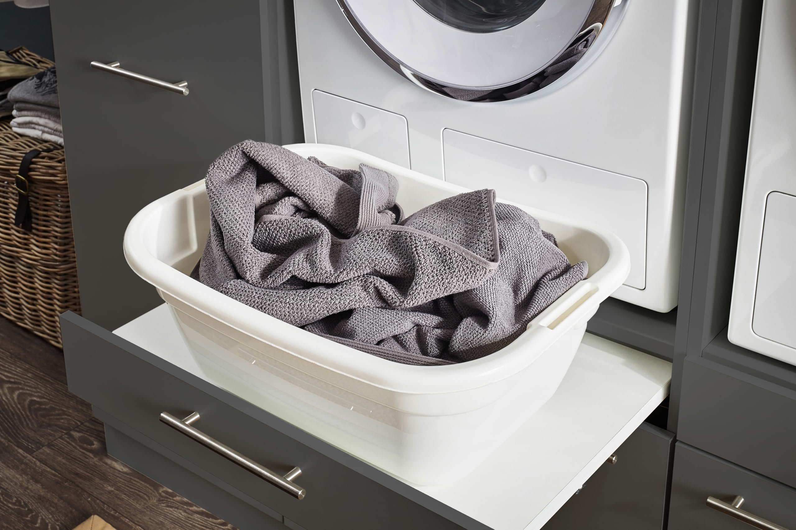 Laundreezy Waschmaschinenschrank Anthrazit 67,5 x 162 x 67,5 cm (B/H/T) | Waschmaschinen-Überbauschrank, 2 Türen mit Softclose-Funktion, für Hauswirtschaftsraum, Waschküche, Auszug mit Korbablage