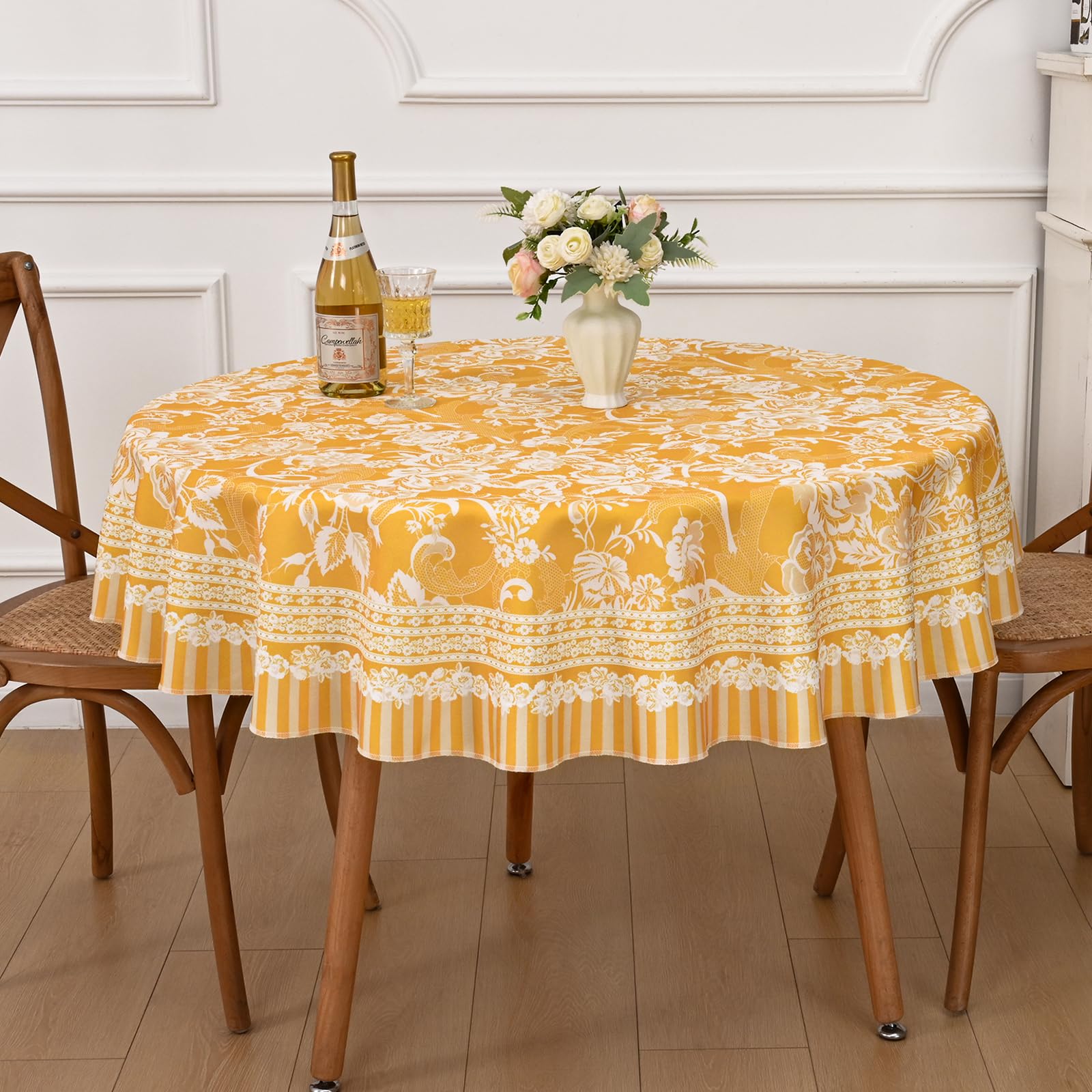 AlishomtllRound Tablecloth 55'', Waterproof Spring Table Cloth Round, Wrinkle Free Washable Floral Tablecloth Heavy Duty for Indoor and Outdoor Table Decor, Yellow