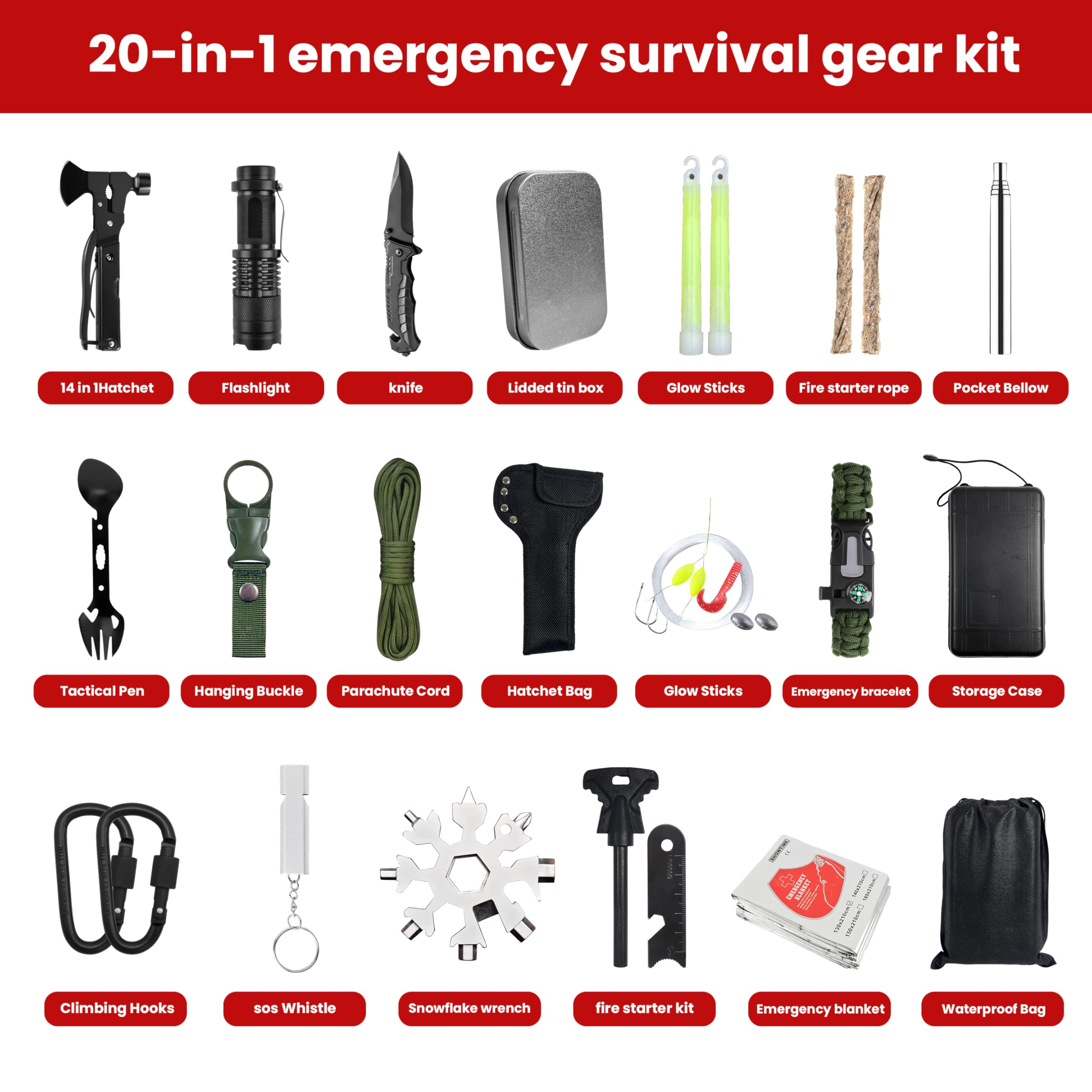 1 kit di sopravvivenza, borsa di sopravvivenza completa, kit di sopravvivenza militare completo, kit di sopravvivenza completo di catastrofe 72 ore, adatto per sport all'aria aperta, campeggio
