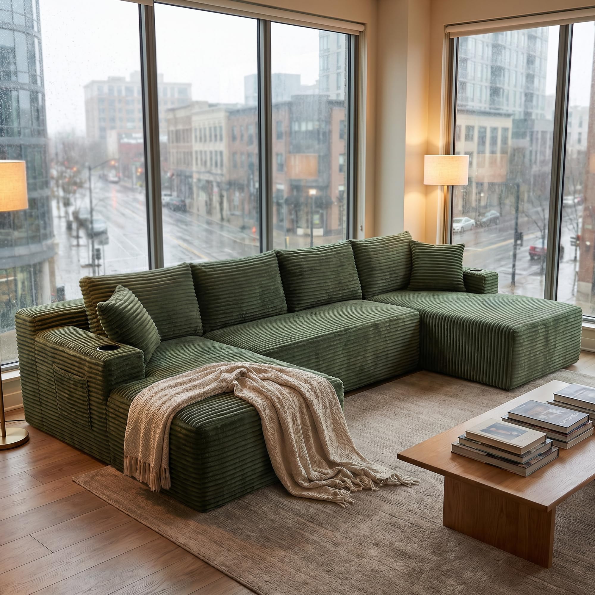 125 Inch Modular Sectional Sofa, Cloud Couch Oversized U Shaped Corduroy Sofa with Storage & Cupholders, Modern Deep Seat Boneless Couches for Living Room, No Assembly Required, Green