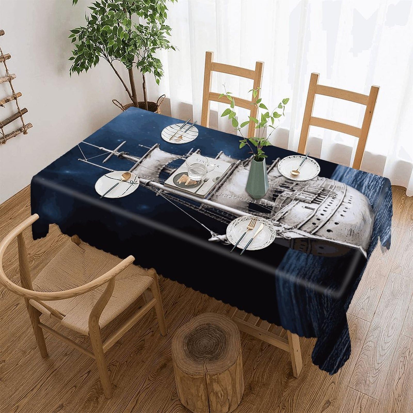 FekiLoot Vintage Nautical White Ship Tablecloths for Rectangle Tables Wipeable Spillproof Polyester Table Cloth Wrinkle Free Farmhouse Dining Tables Cover Elegant Vintage Decor Tablecover