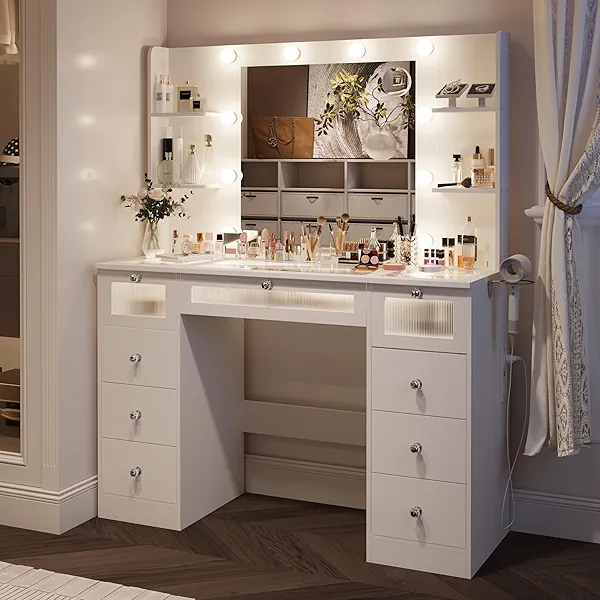 VQRhome White Vanity with Lighted Mirror, Glass Top Vanity Desk with 9 Drawers & 3 Color Hollywood Bulbs & 4 Shelves & Acrylic & Power Outlet, Makeup Desk Dressing Table for Bedroom, Gift for Girls